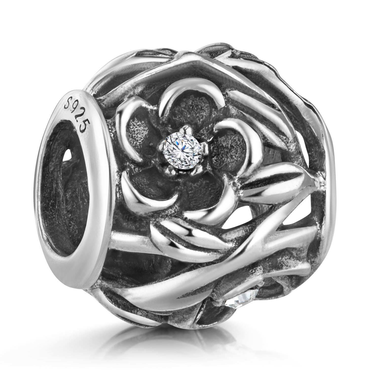 Materia Bead Blumen Blüten Perle mit Zirkonia antik 865, 925 Sterling Silber, oxidiert