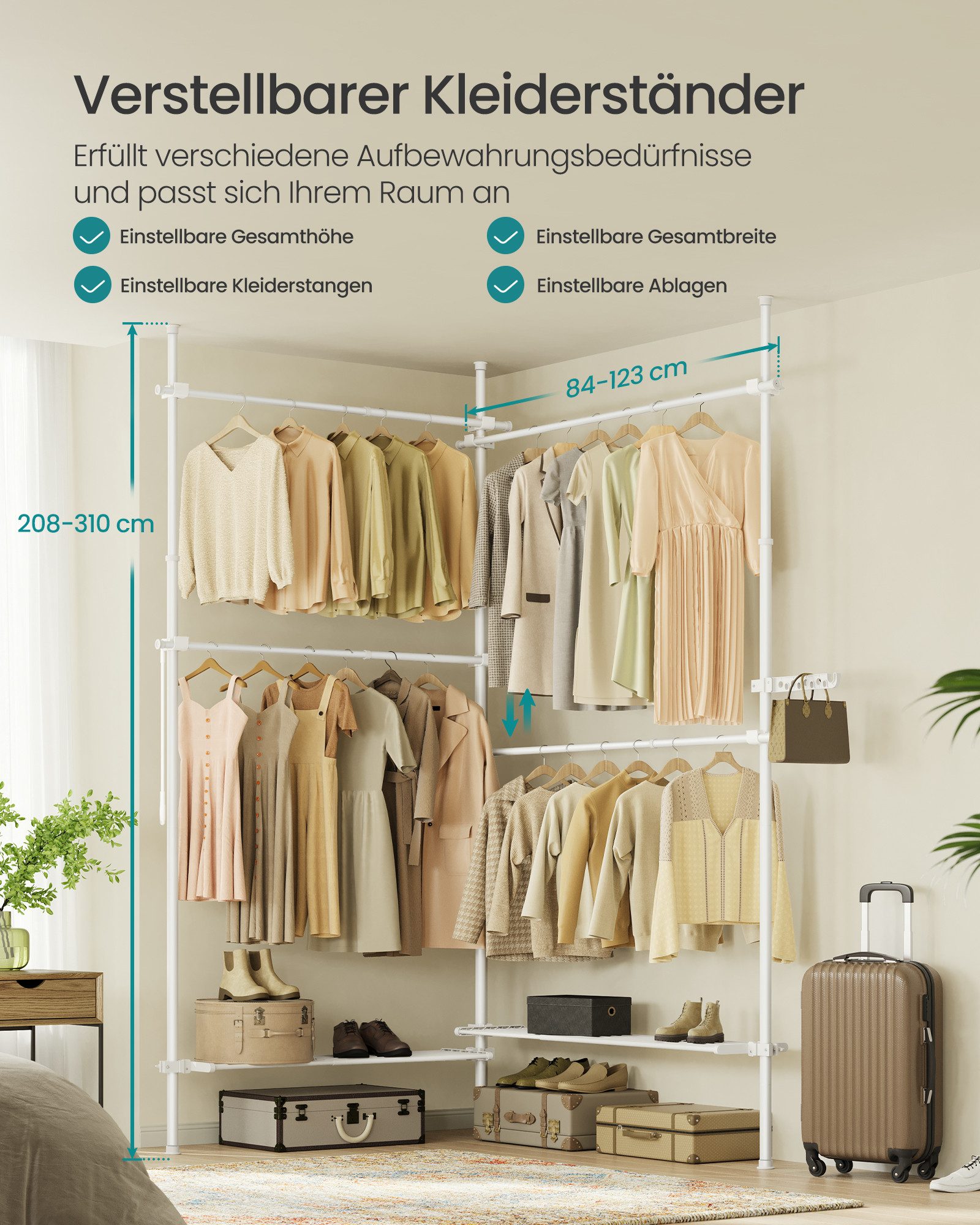 SONGMICS Kleiderständer deckenhoch, 3-stufige Garderobe, höhen und breitenverstellbar, offener, (mit abnehmbarer Ablage), Garderobenleiste, Greifarm, bis 92,5 kg belastbar, 238 x 208 x 33.5 cm