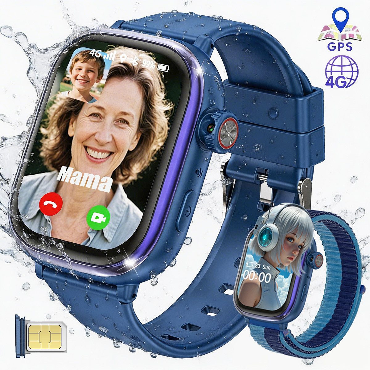 Vashoy 2026 T86Smartwatch Kinder mit GPS Ortung & SIM-Karte Smartwatch (5 cm/2 Zoll, Android/4G (LTE) Mit App-Download-Funktion, 5-tlg., AMOLED-Display, Schwenkbare HD-Kamera, Schulmodus, schmaler Rand, GPS Tracker Kinder,SOS, Auflösung 368 × 448,Ein Geschenk für das Kind