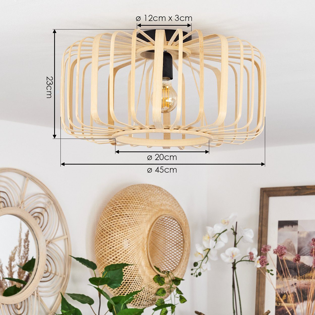 Ø45cm, Schirm, Metall Deckenlampe E27, »Aidone« mit mit ohne Leuchtmittel, aus Leuchte Lichtspiel Bambus/Holz Deckenleuchte hofstein Schwarz, in Moderne