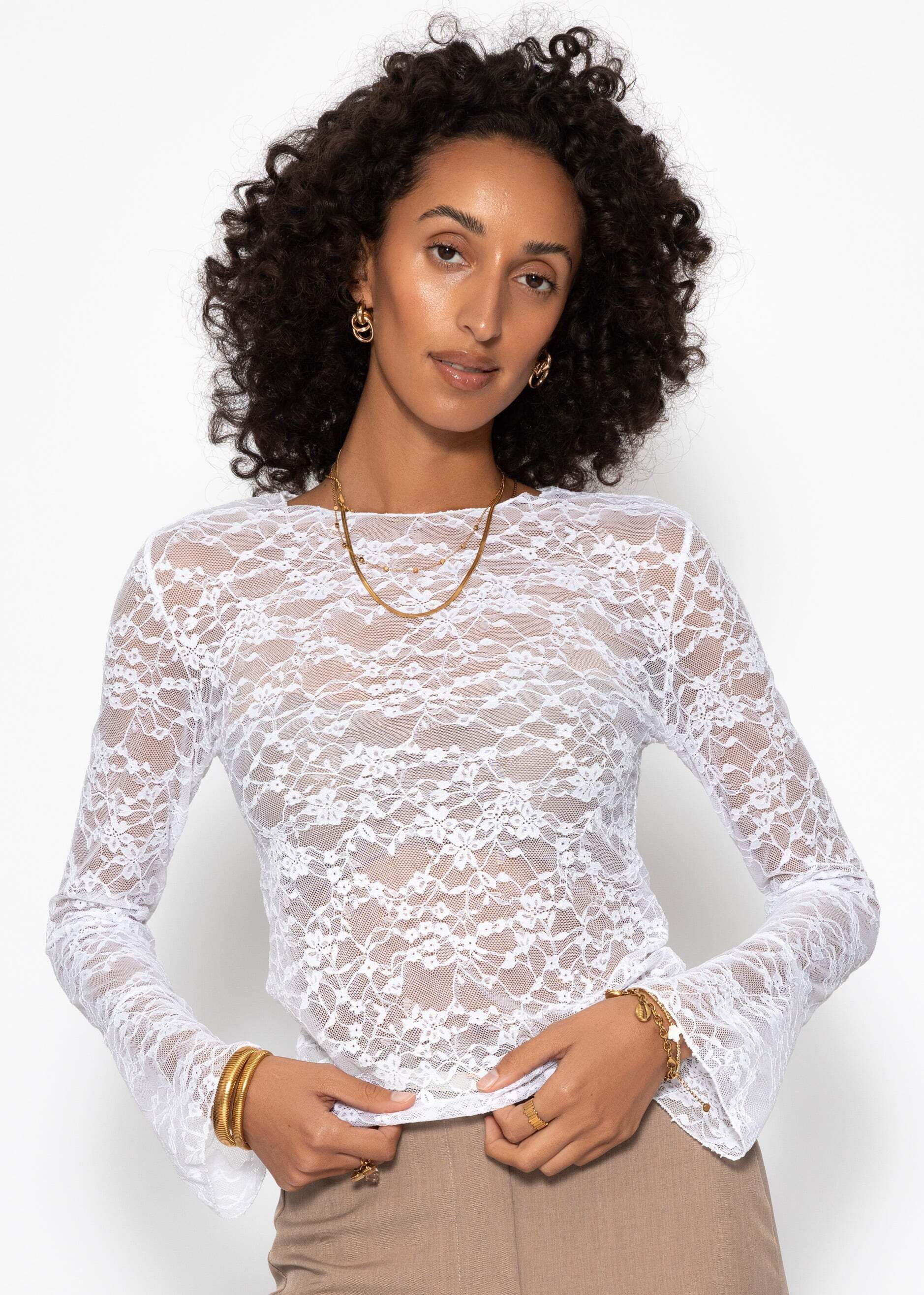 SASSYCLASSY Langarmshirt Top mit ausgestellten Volantärmel für Damen transparentes Spitzenshirt in Schwarz