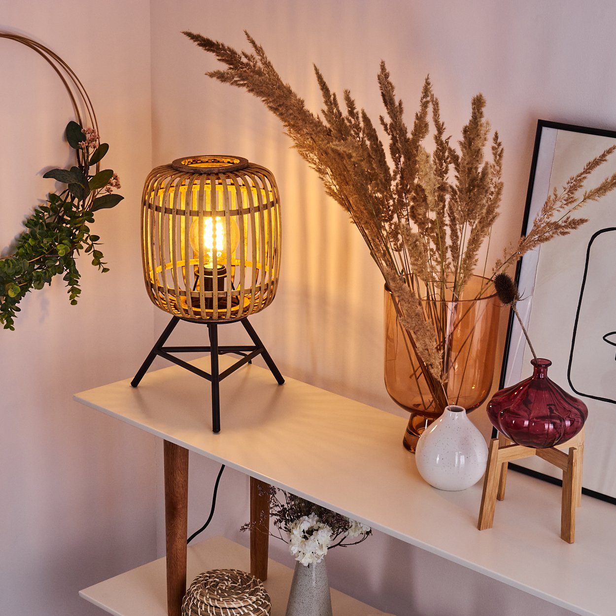 naturfarbenen Tischleuchte Bambus, hofstein mit Boho Style Schalter am Tischlampe Kabel Lichteffekt, »Padra« Leuchtmittel, aus 1xE27, ohne im
