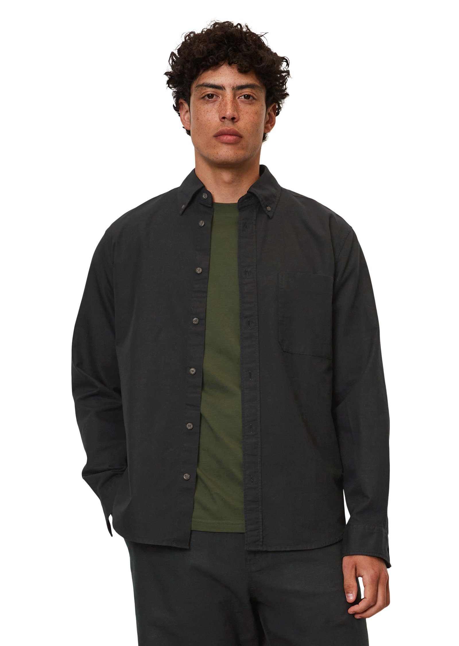 Marc O'Polo Langarmhemd aus Bio-Baumwolle und Leinen schwarz