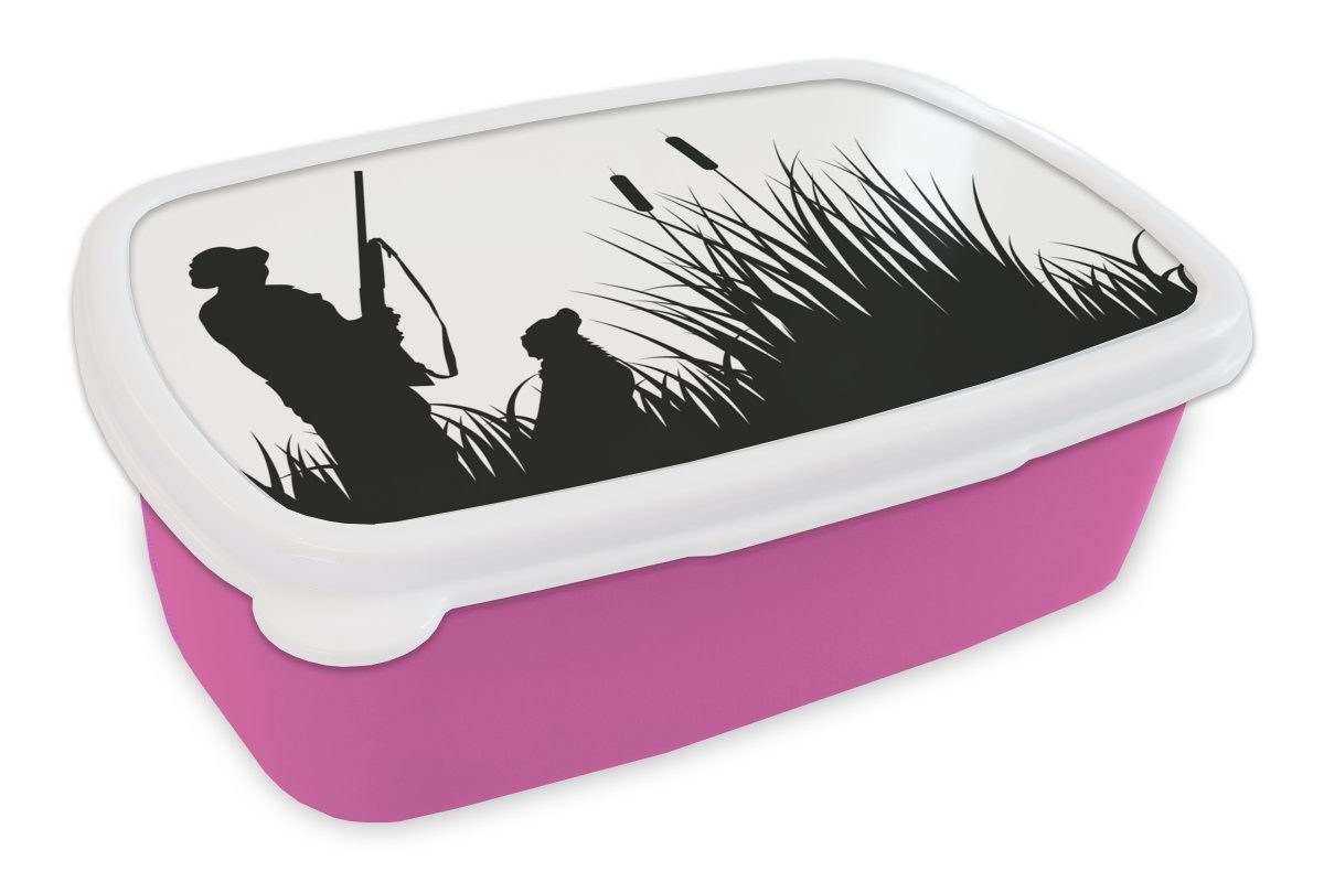 MuchoWow Lunchbox Eine Mädchen, Entenjagd, Kunststoff Illustration Brotbox für (2-tlg), Snackbox, der Kunststoff, rosa Erwachsene, Brotdose Kinder