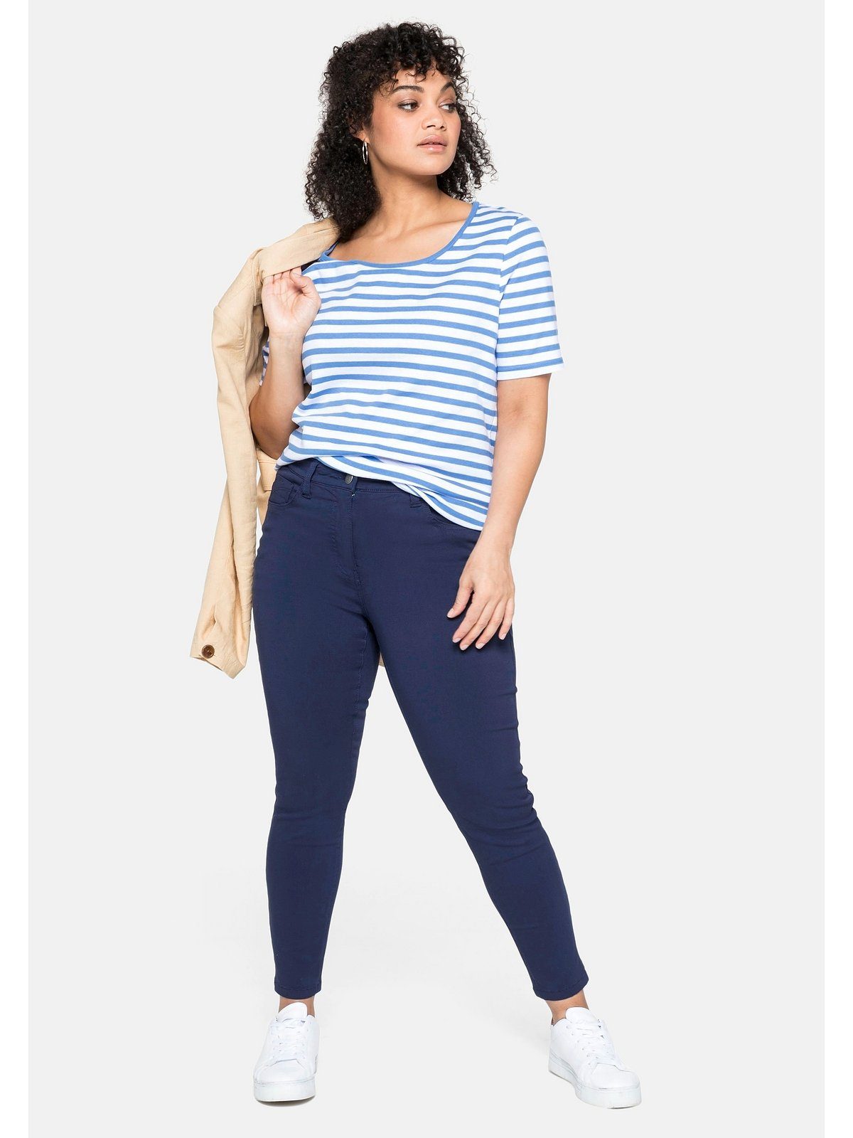Ringel, Große Größen Sheego T-Shirt garngefärbtem mit Rippware aus jeansblau-weiß