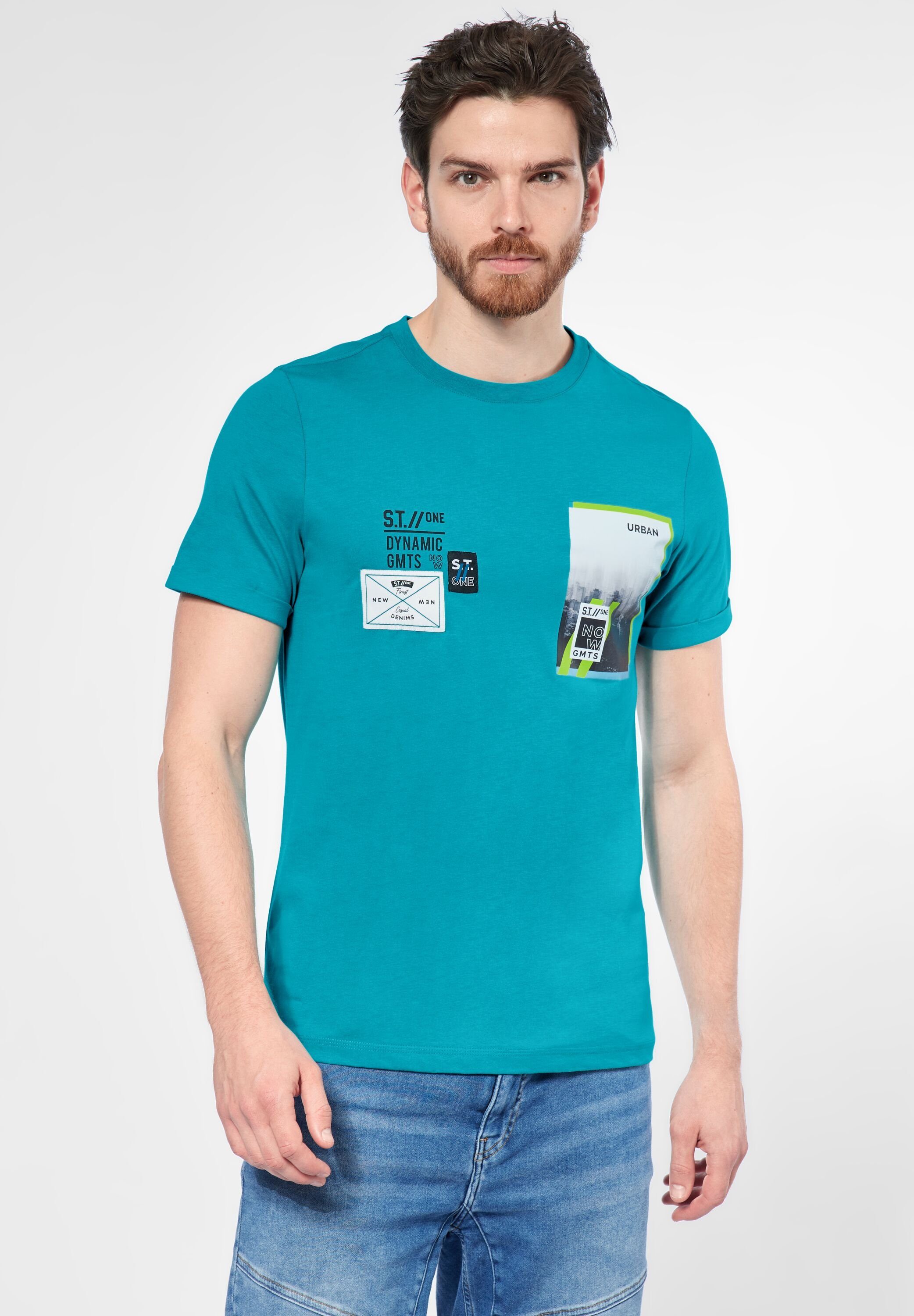 STREET ONE MEN T-Shirt mit Rippstrick Print-Mix, Rundhalsausschnitt aus