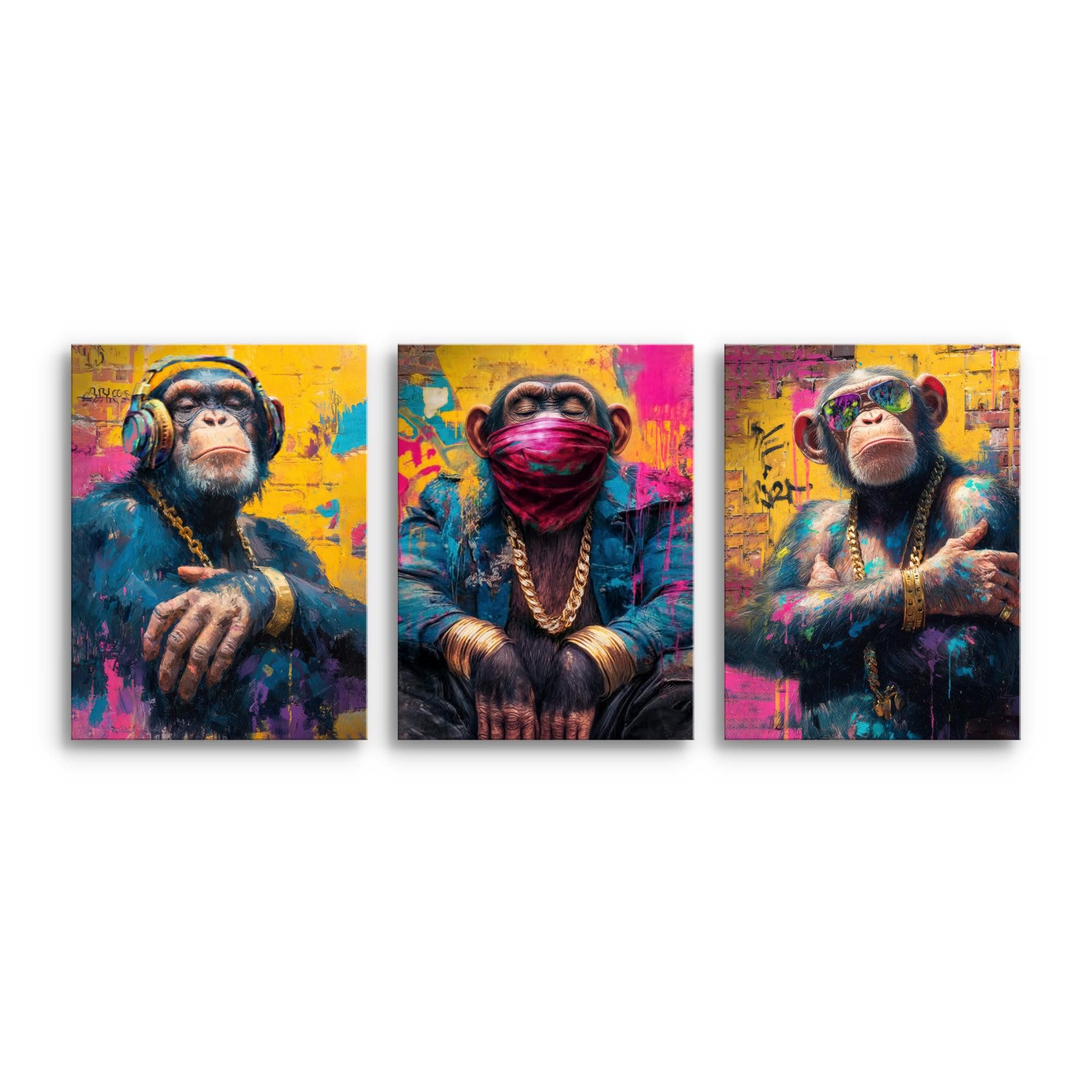 Novart Bild Wandbilder Set Banksy Style Collage - 3 Bilder Wohnzimmer Streetart, Affen, made in Germany