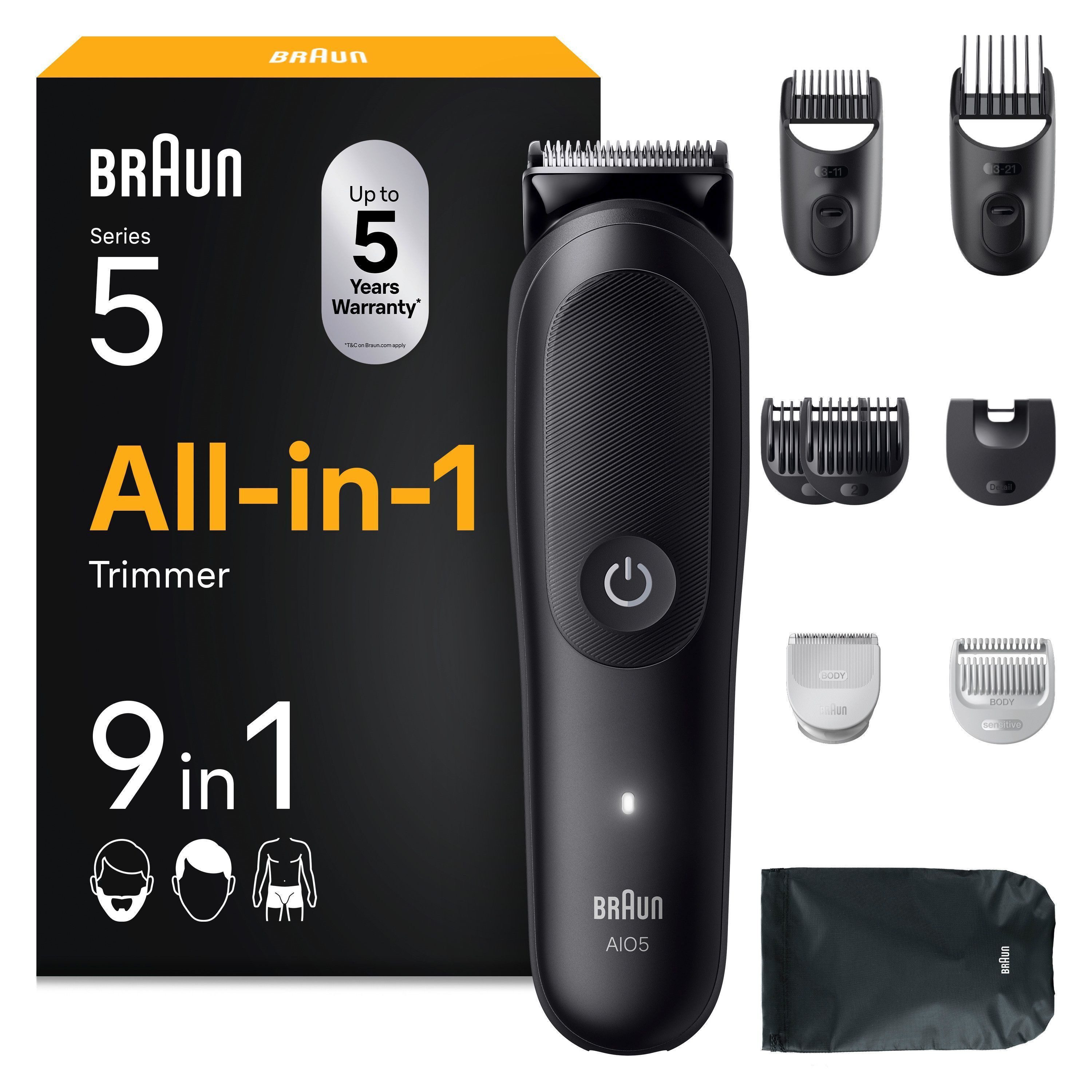 Braun Haarschneider Braun All-in-One Series 5, 9-in-1 Set, ultrascharfe Klinge, 120 Min Akku, SkinGuard-Technologie