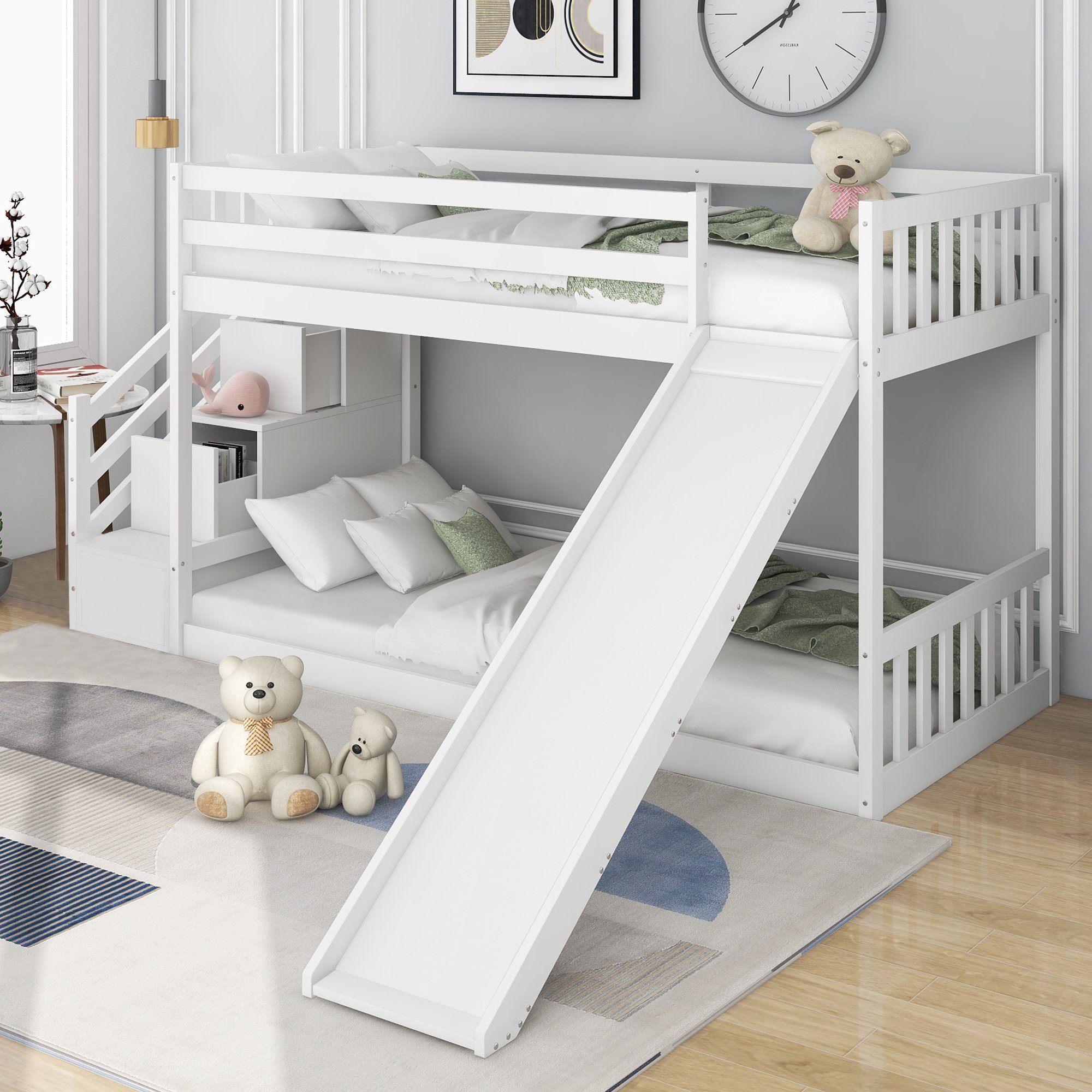 REDOM Kinderbett Etagenbett mit Treppe und Rutsche, Rahmen aus massivem Kiefernholz, (90x200cm, Weiß), Bequeme Treppe und Aufbewahrungsfunktion, Lustige Rutsche für Kinder