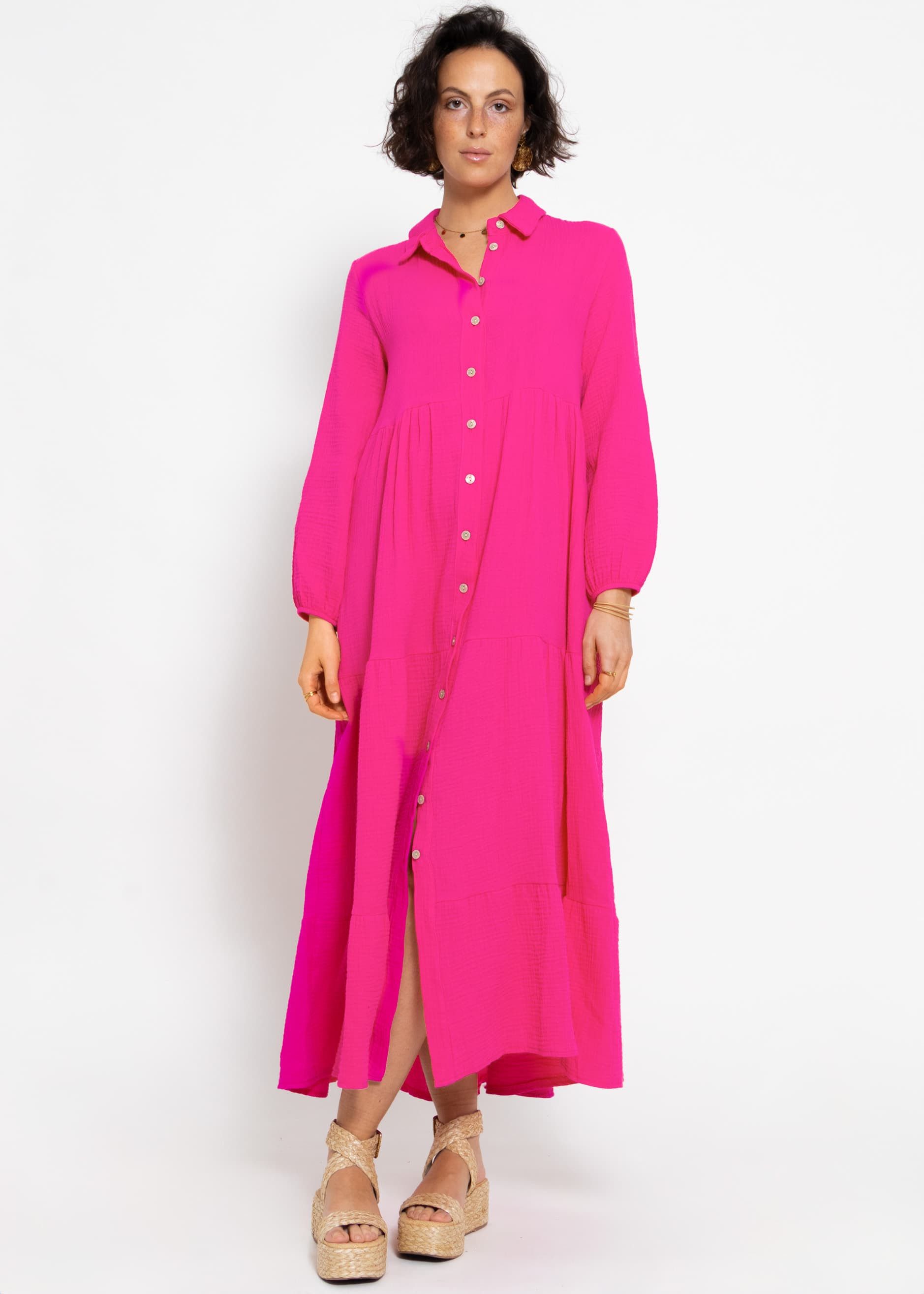 SASSYCLASSY Maxikleid Musselin Maxi Kleid mit Volants Baumwollleid mit Kragen, Knopfleiste und einem Gummizug am Ärmel mehr