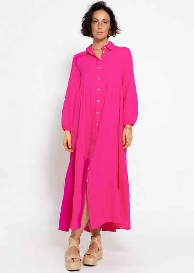SASSYCLASSY Maxikleid Musselin Maxi Kleid mit Volants Baumwollleid mit Kragen, Knopfleiste und einem Gummizug am Ärmel