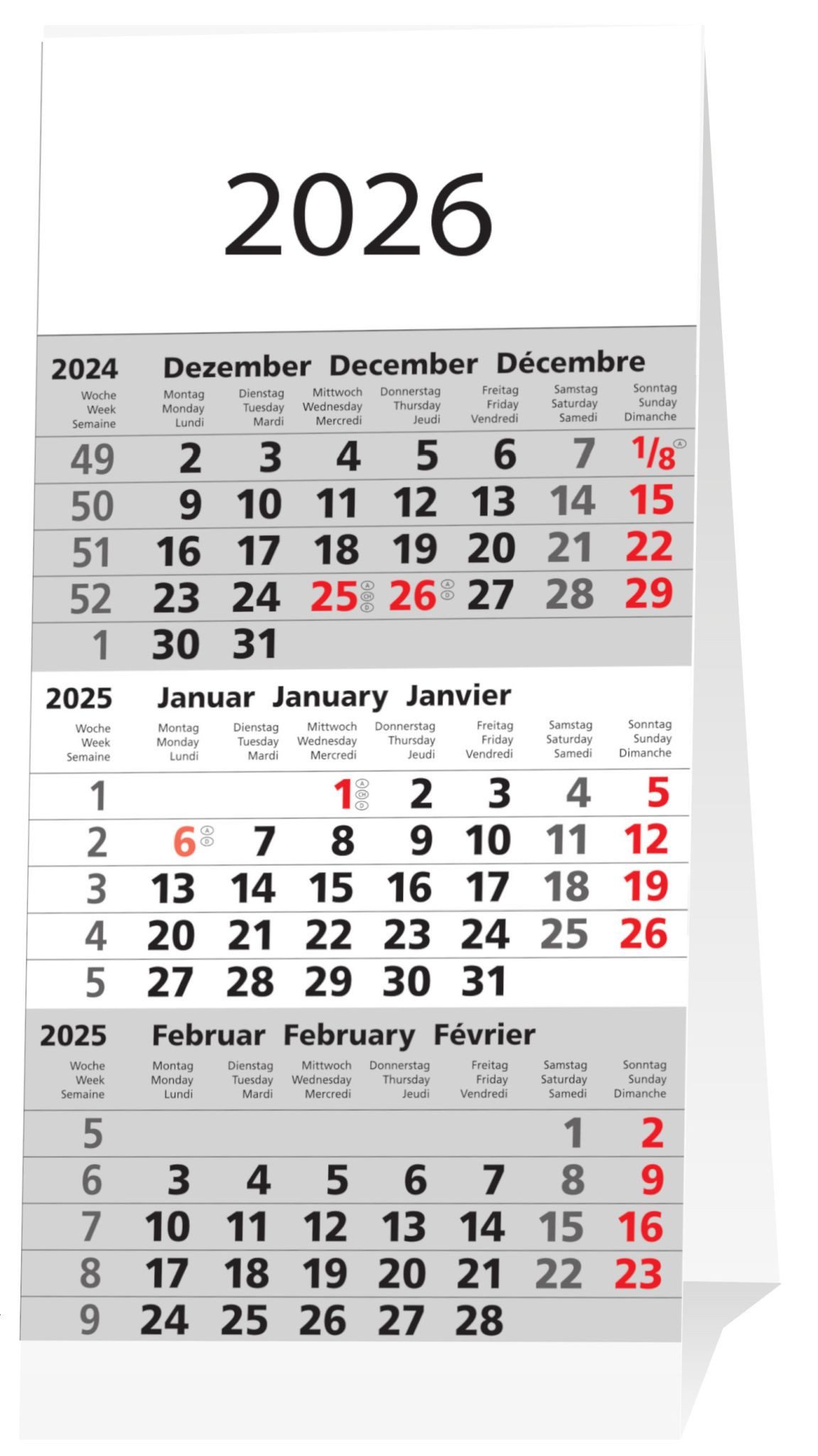 ADINA Wandkalender 2026 ADINA ws 3-Monatskalender Aufstellkalender für den Schreibtisch