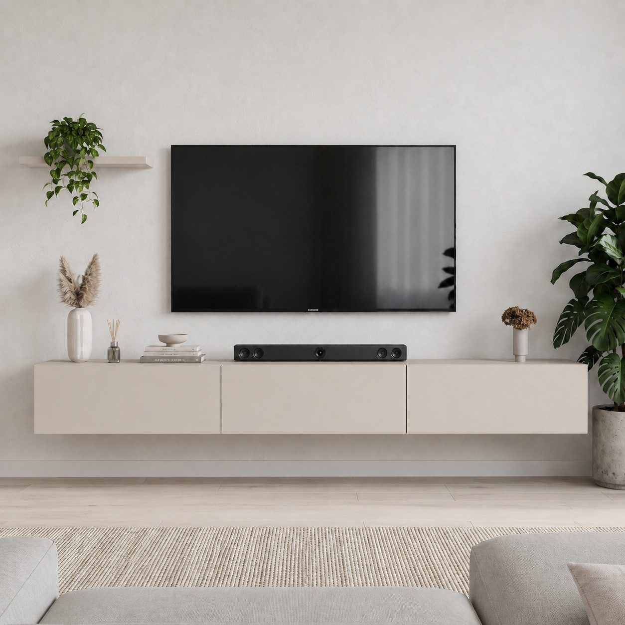 Planetmöbel TV-Schrank West TV-Board, Fernsehtisch 300 cm lang, TV-Lowboard (für Fernseher bis 85 Zoll, TV Schrank viel Stauraum, sideboard hängend, Fernsehschrank 3x 100 x 30 x 37,5 cm) kaschmir