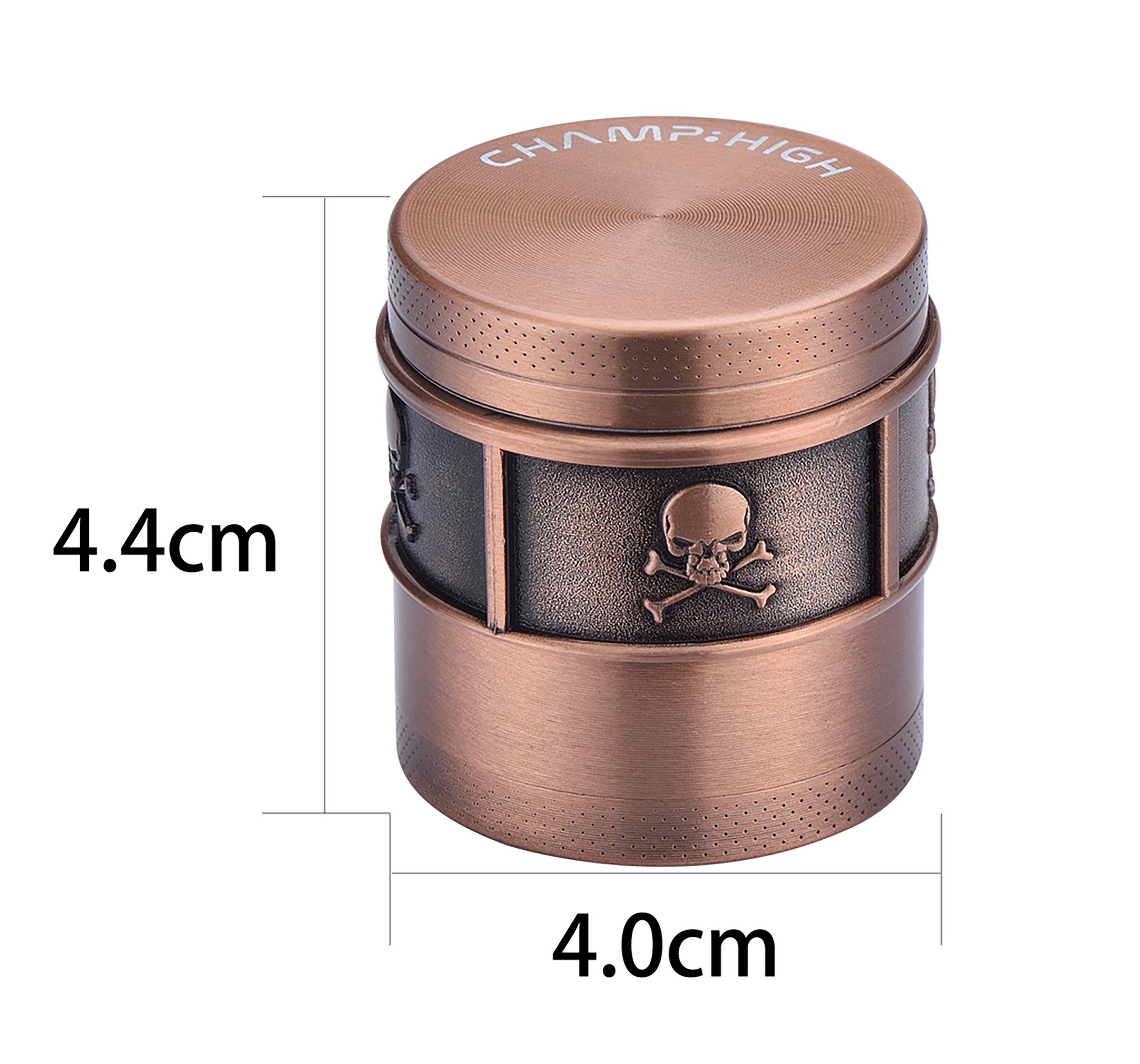 CHAMP HIGH Kräutermühle GRINDER "Totenkopf" 40mm 4-teilig Metall Crusher Sieb 030 (Bronze), Skull Tabak Gewürz Kräuter Mühle Herb