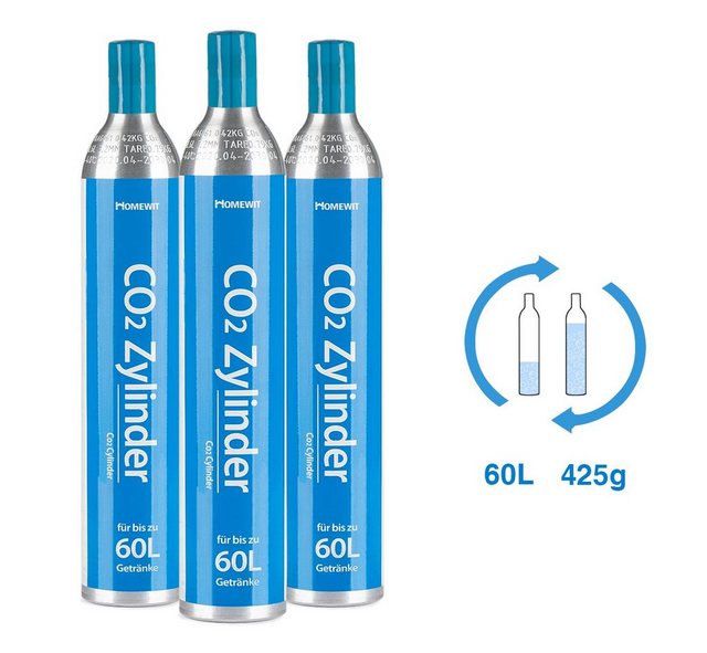 Homewit Wassersprudler CO2 Zylinder, 425g Kohlensäure, Für bis zu 60 L pro Füllung, (Set, 3-tlg., 1 Stück CO2-Zylinder), Geeignet für SodaStream Wassersprudler usw