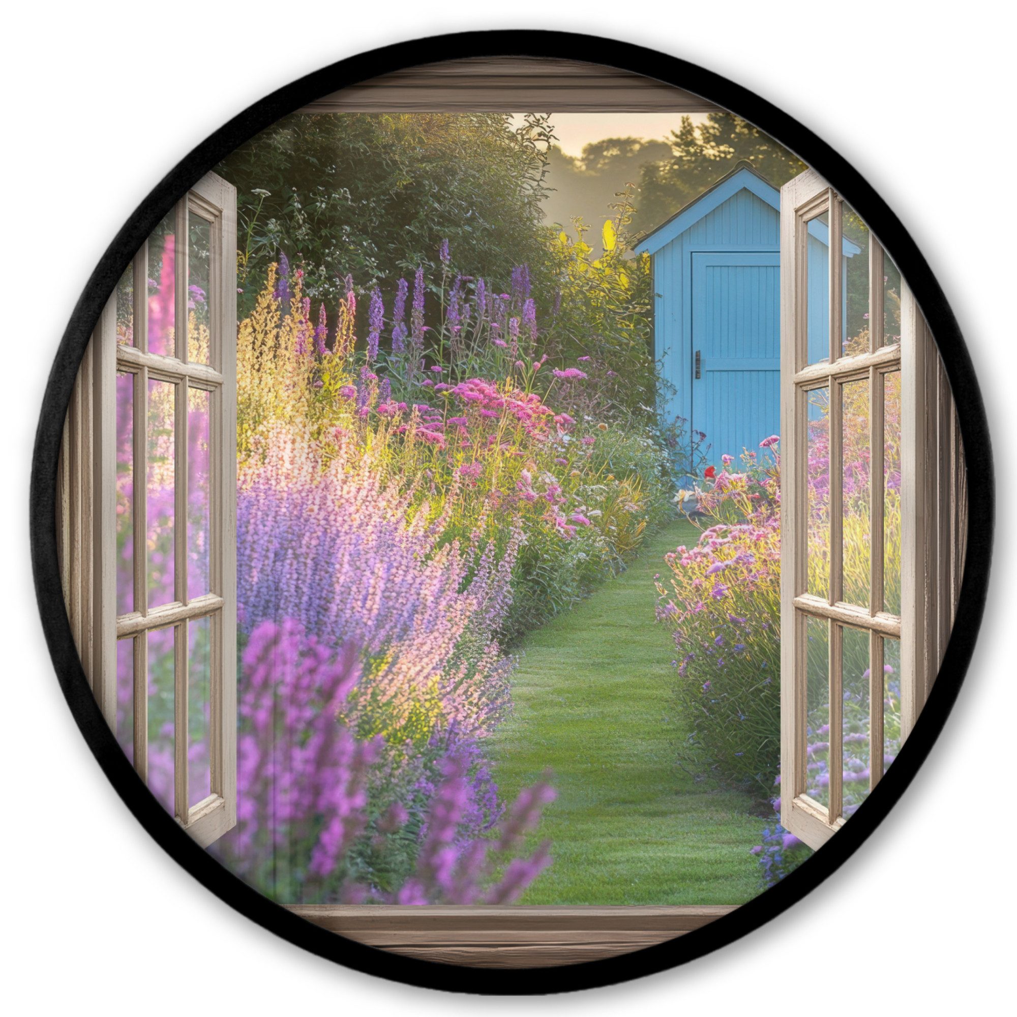 Poster Rund - Fensterblick - Blumen - Fenster - Natur