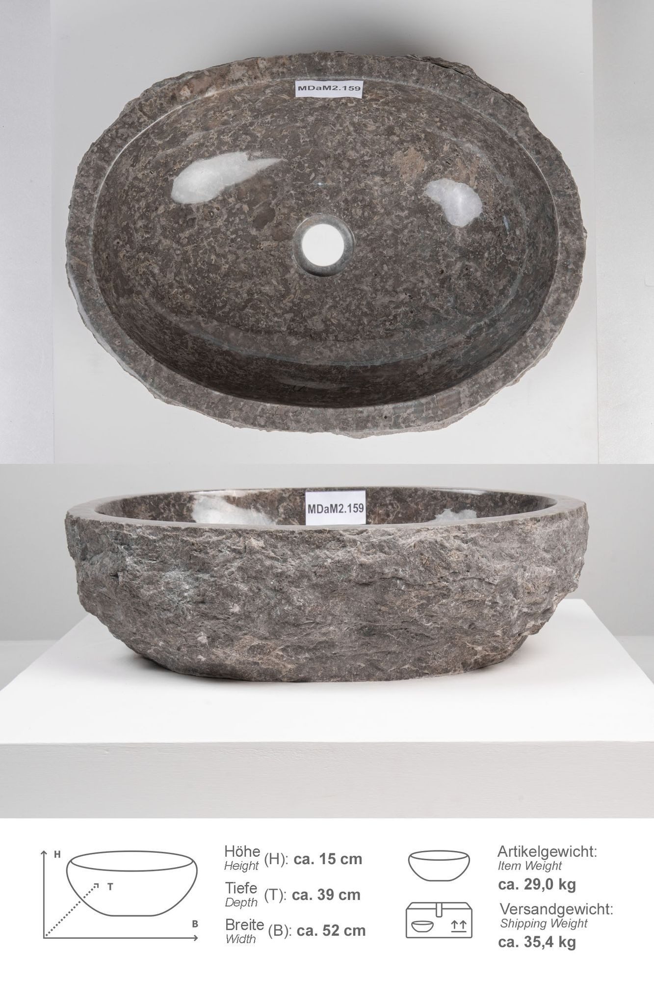wohnfreuden Aufsatzwaschbecken Erosi Marmor Waschbecken 50 cm grau (Kein Set), 125872_MDaM2.159