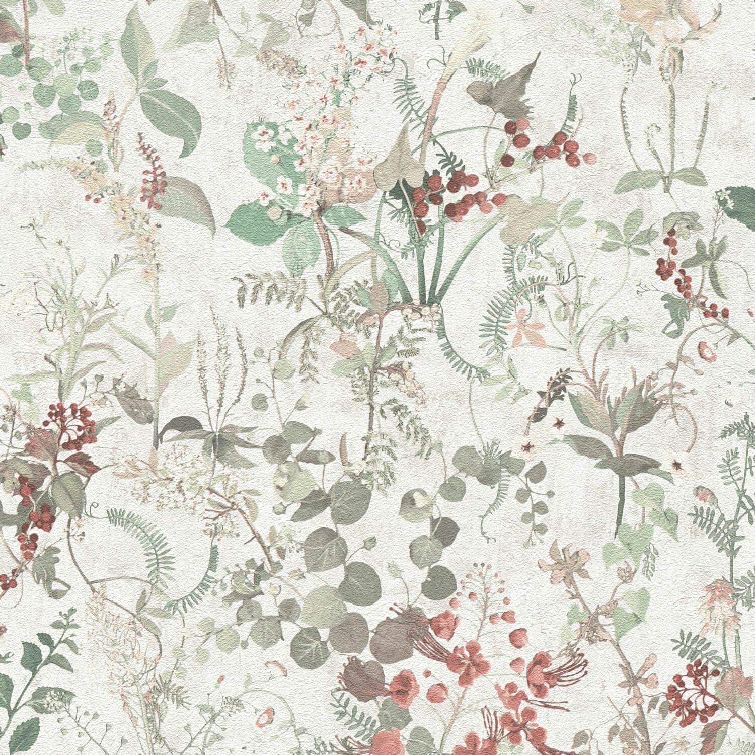 Profhome Vliestapete 388252-GU Blumen Tapete matt weiß rot oliv-grün beige 5,33 m2, strukturiert, matt, (1 Rolle, 5.33 qm), heißgeprägte Vliestapete in weiß