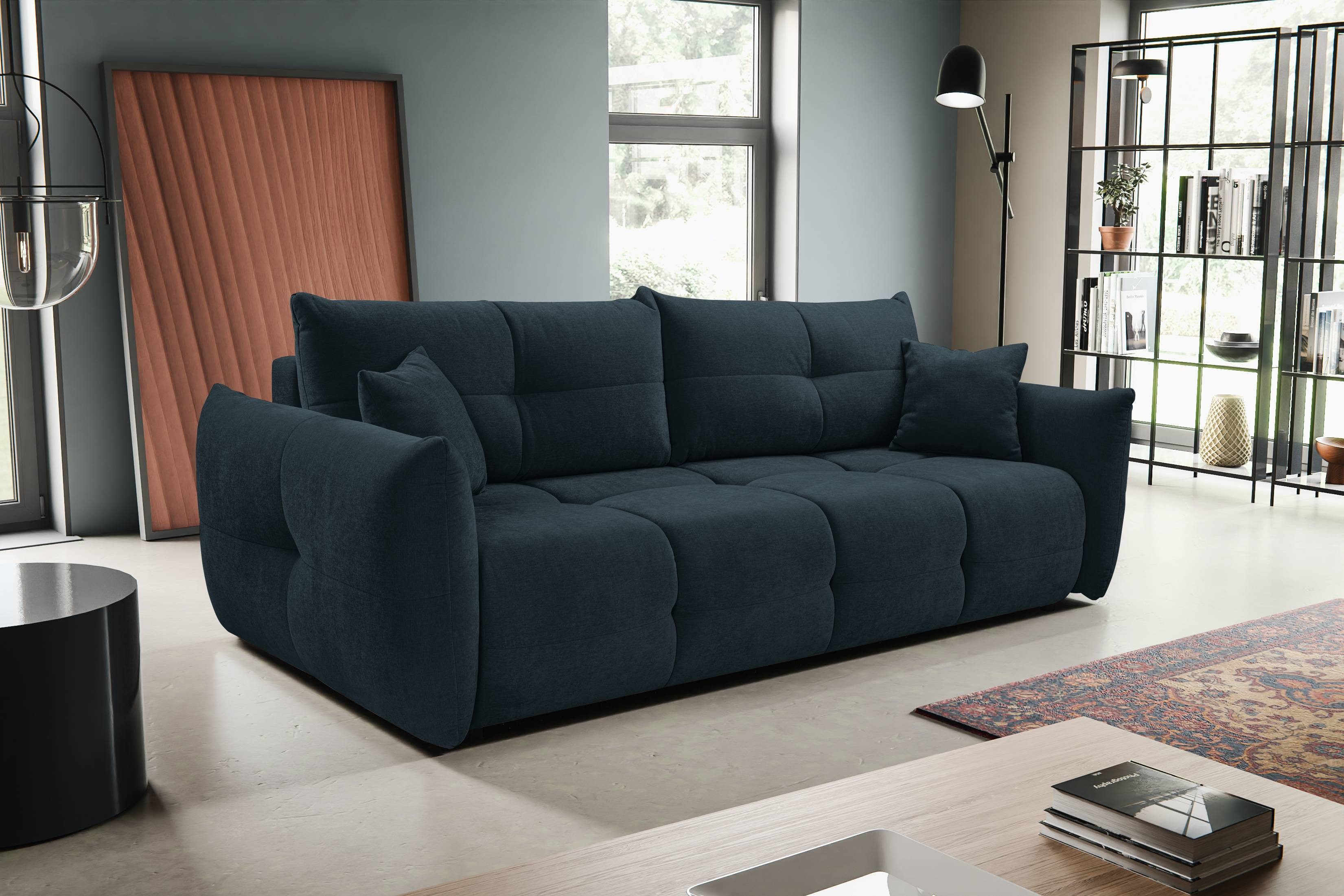 Goldstoff Sofa Beige 3 Sitzer mit Schlaffunktion und Bettkasten, Design Schlafsofa 245 cm mit Ausziehfunktion und Stauraum, Premium Couch 3 Sitzer mit Bettfunktion und Stauraum Modern