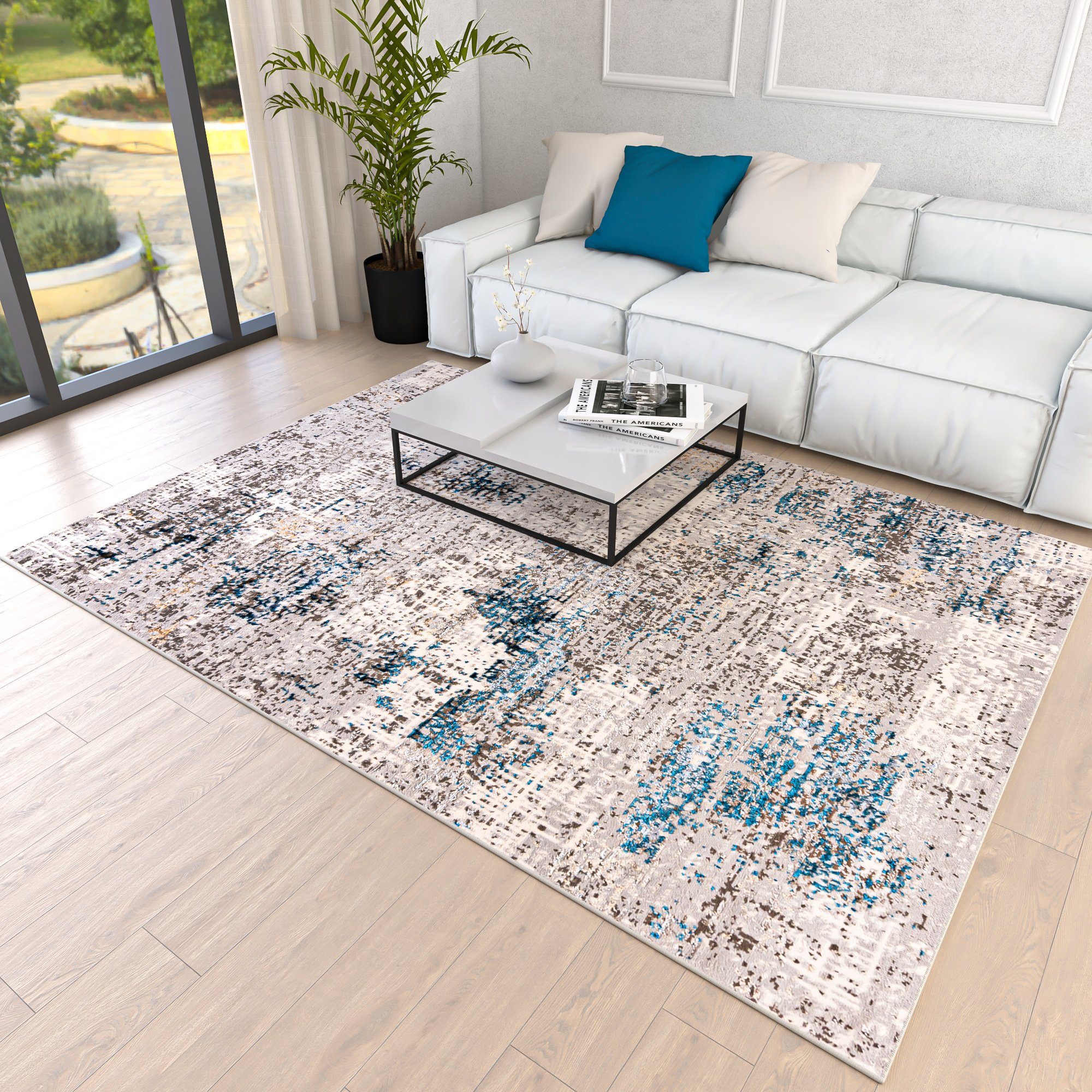 Designteppich Modern Teppich für Wohnzimmer - Abstrakt Muster, Beige Blau Grau, Mazovia, 80 x 150 cm, Abstrakt, Modern, Höhe 8 mm, Kurzflor - niedrige Florhöhe