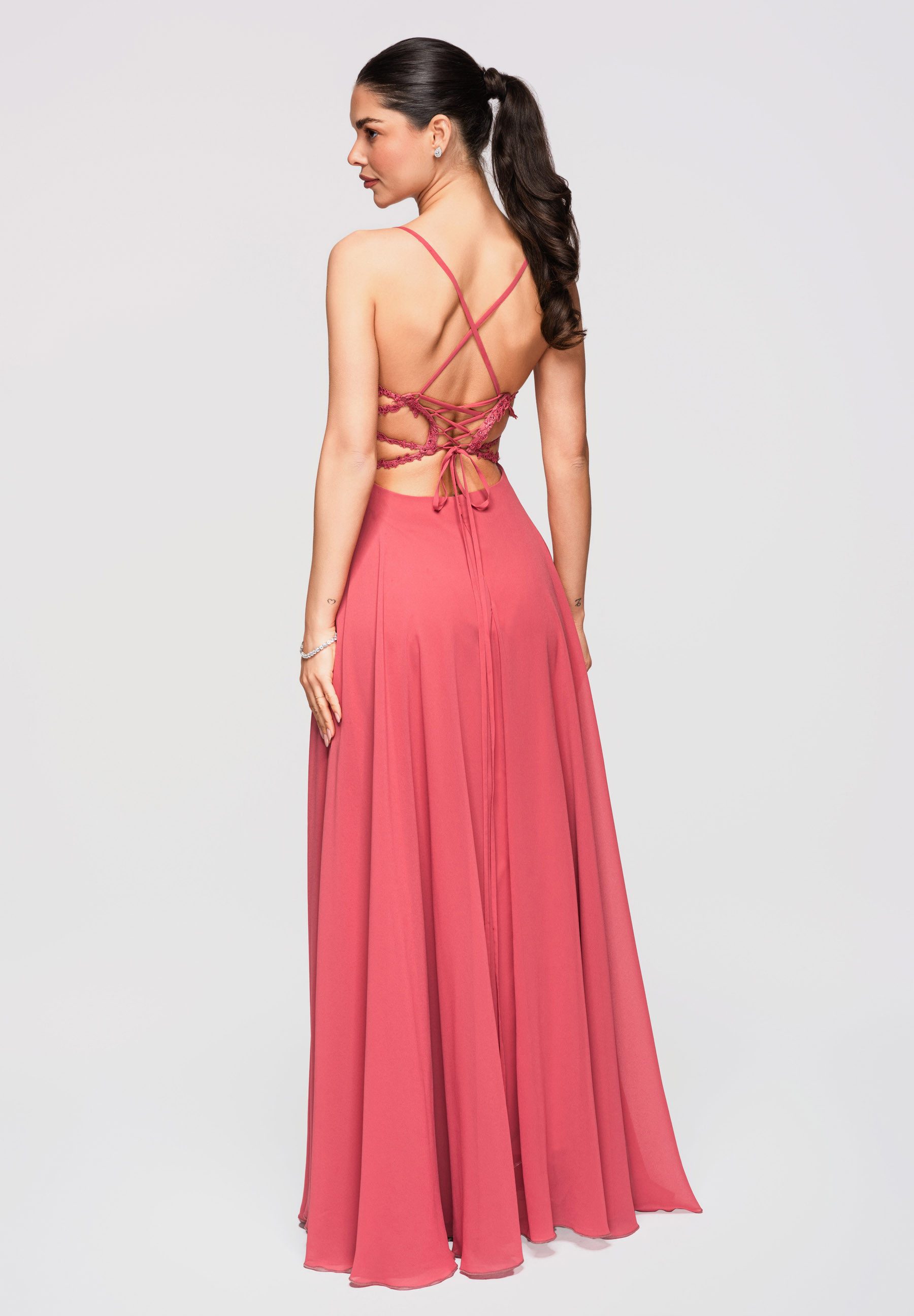 OMBRE Abendkleid Maxikleid Abendkleid mit Spitze & Rückenfrei Koralle S (kein Set, 1-tlg) Rückenfrei, gekreuzte Träger