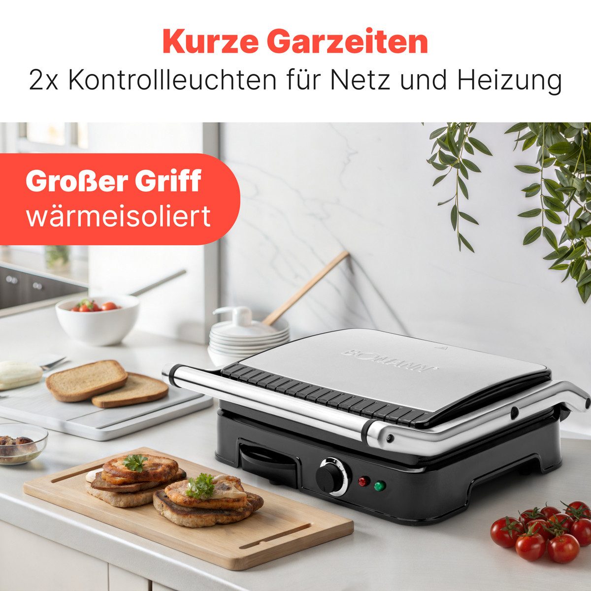 BOMANN Kontaktgrill KG 2242 CB, Kontaktgrill, beidseitiges Grillen, 2000W