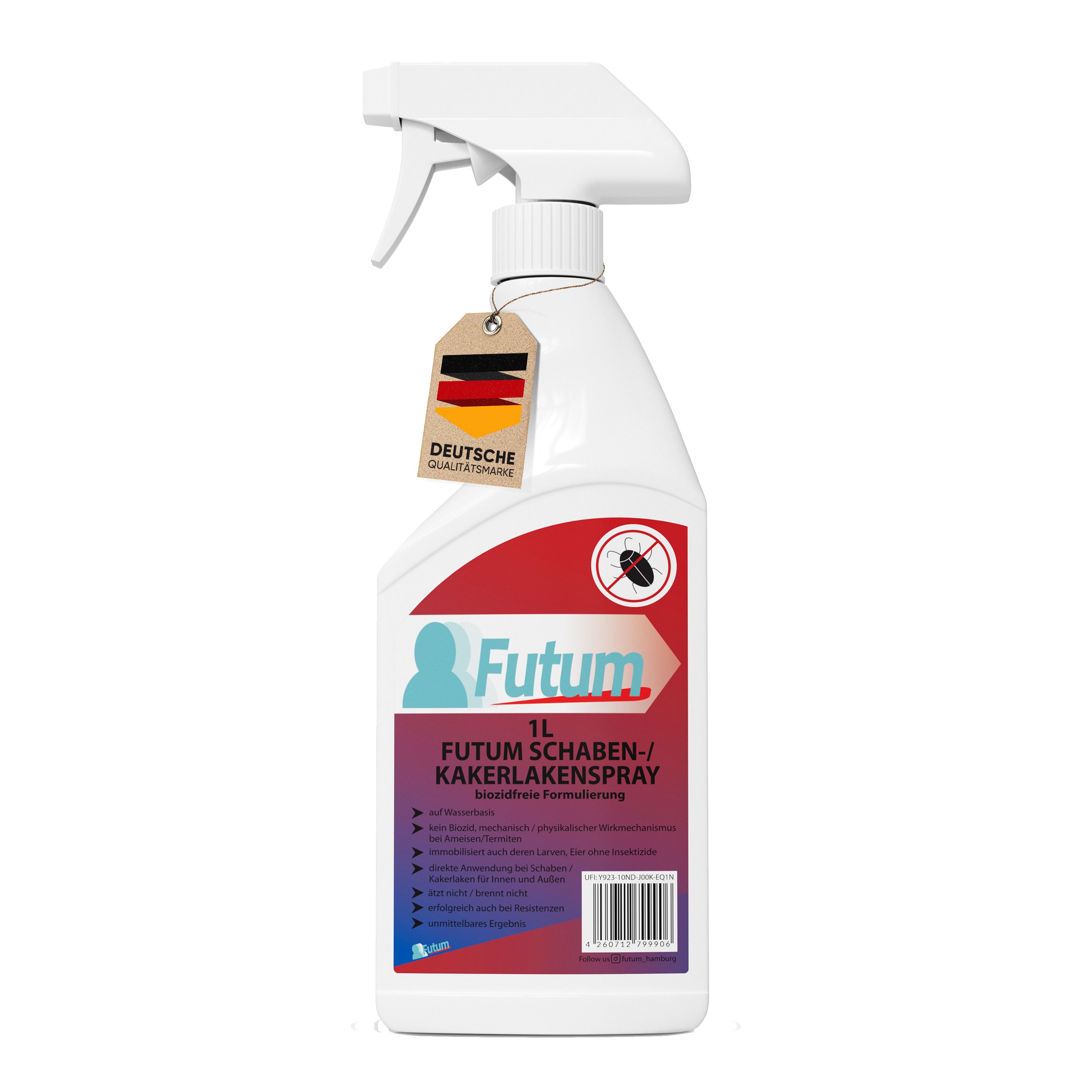FUTUM Insektenspray Kakerlaken Spray Schaben Spray Küchenschaben Abwehr, 1 l, biozidfreie Formel, auf Wasserbasis, geruchsarm, brennt / ätzt nicht