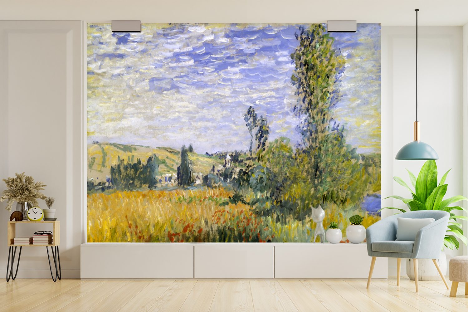 von Claude Landschaft Vinyl Matt, Wallpaper Fototapete St), Vetheuil Wohnzimmer, bedruckt, Monet, bei MuchoWow für - Tapete Gemälde Kinderzimmer, Schlafzimmer, (6