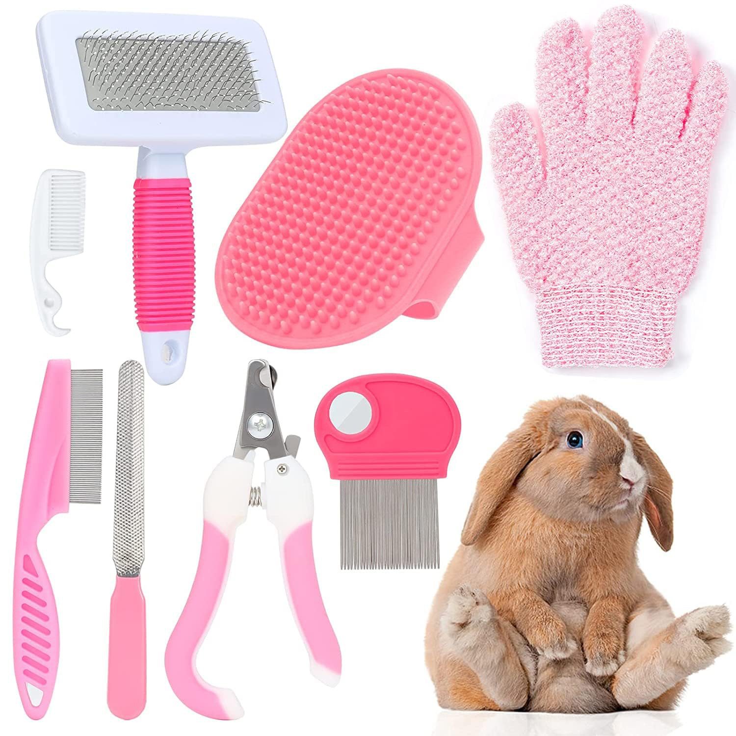 AFKSMILE Fellbürste Kaninchen Pflege Set, für Hasen Kätzchen Meerschweinchen Frettchen, Mit Nagelknipser Trimmer Haarentferner Feile Kamm Shampoo Badebürste