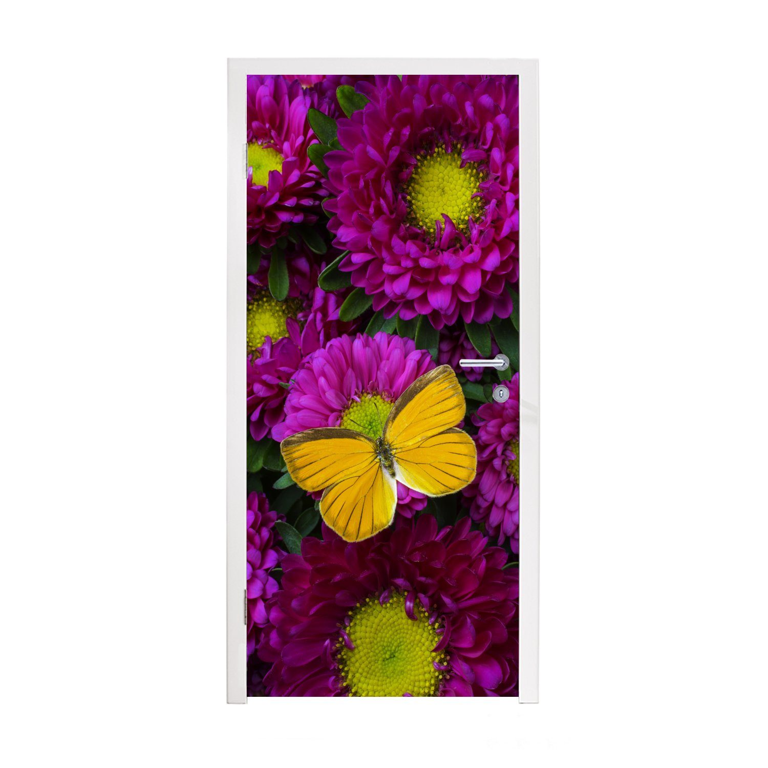 MuchoWow Türtapete Ein orangefarbener Schmetterling auf Asterblüten, Matt, bedruckt, (1 St), Fototapete für Tür, Türaufkleber, 75x205 cm
