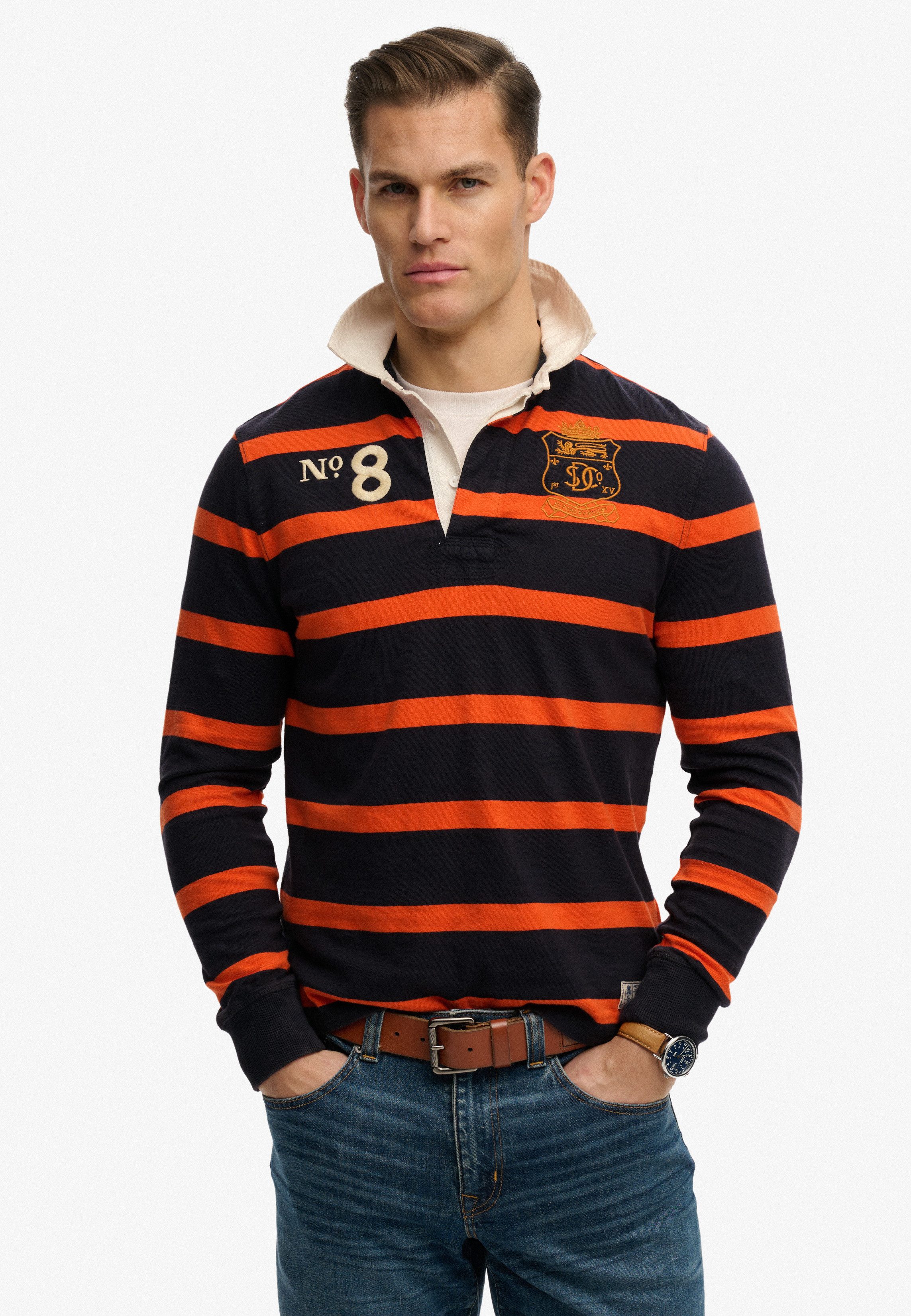 Superdry Langarmshirt DOUBLE EMBLEM STRIPE RUGBY aus Baumwolle und Single Jersey, Relaxed Fit, gestreifte Optik