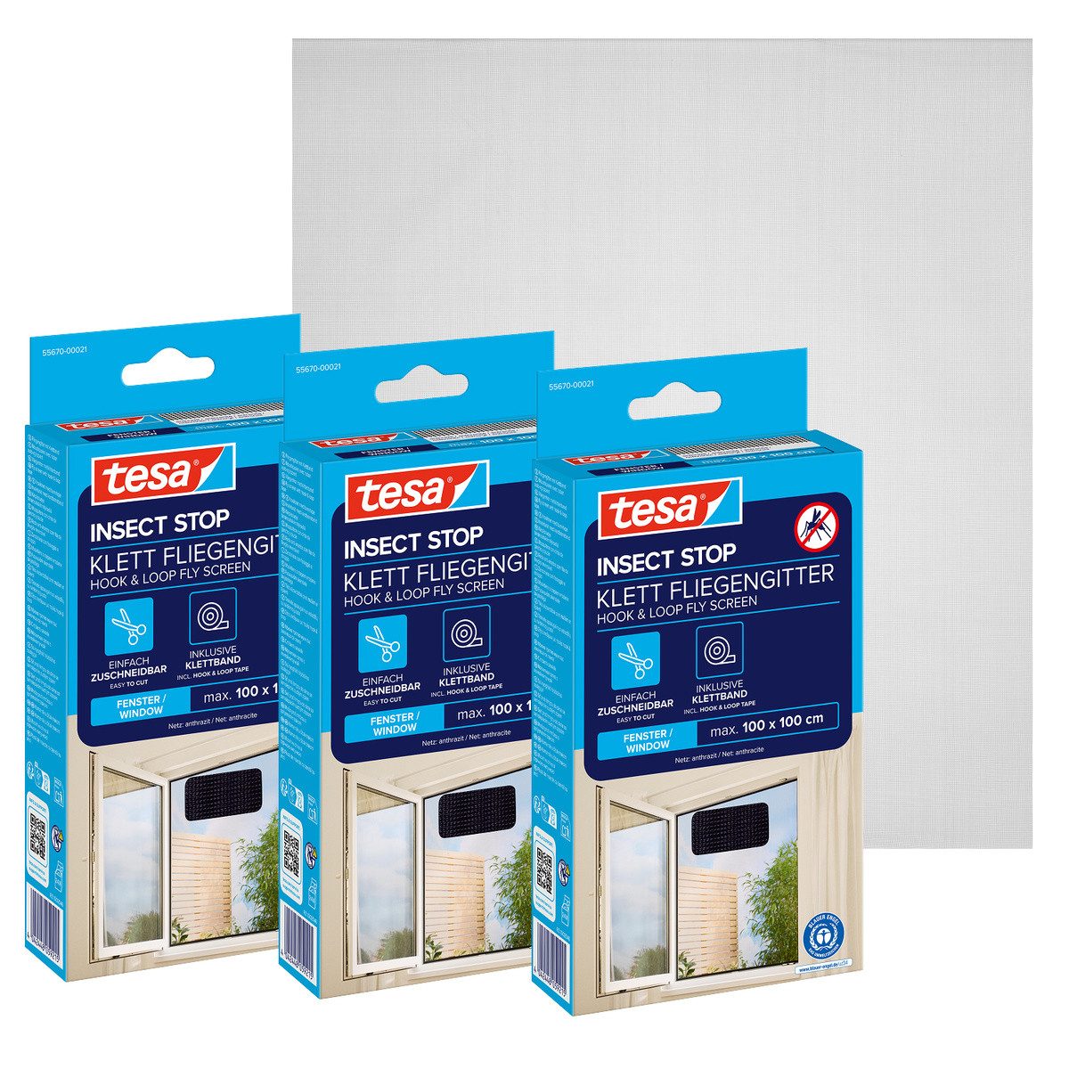 tesa Fliegengitter-Gewebe für Fenster - Insektenschutz - 100 x 100 cm, (Packung, 3-St., Fliegennetz, Klettband), mit Klettband, zuschneidbar - Mückenschutz ohne Bohren