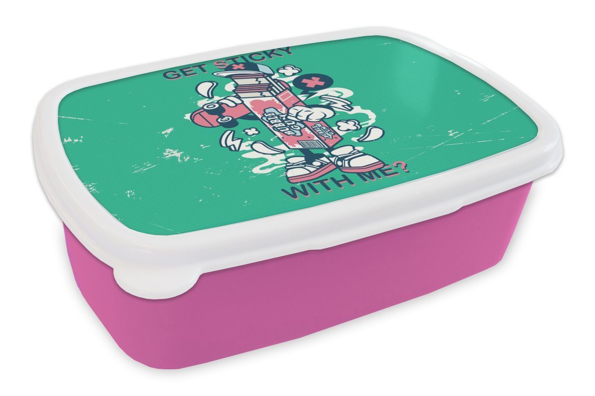 MuchoWow Lunchbox Jahrgang - Kaugummi - Skateboard, Kunststoff, (2-tlg), Brotbox für Erwachsene, Brotdose Kinder, Snackbox, Mädchen, Kunststoff rosa