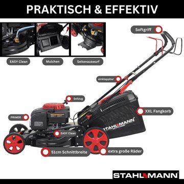 Stahlmann Benzinrasenmäher STAHLMANN Rasenmäher Benzin mit Antrieb BR510 – 6,0PS (4,4kW), 51 cm Schnittbreite, (200ccm mit Antrieb), 51cm Schnittbreite, Mulchen, Schnitthöhenverstellung, Easy Clean, 60L