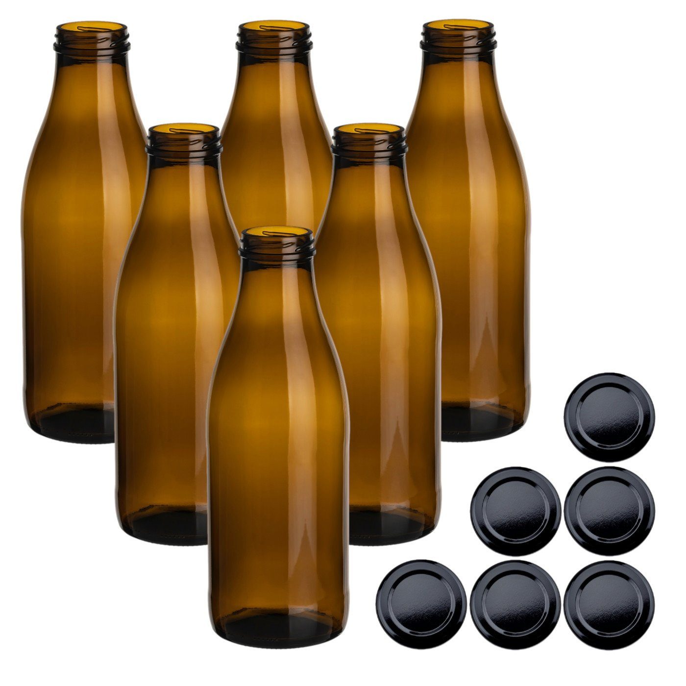 1000 Set, Flasche Saftflaschen Trinkflasche Große - gouveo aus 1,0 l ml Glas, 6er braun/schwarz mit Schraub-Deckel