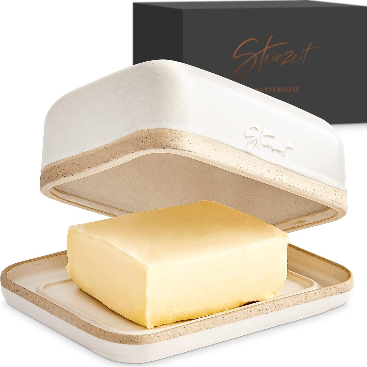 Steinzeit Butterdose Butterdose Keramik für alle gängigen Butter (250gr), (Butterglocke und Butterfass mit einzigartigem Design), - Butterschale und Butterbox Spülmaschinengeeignet