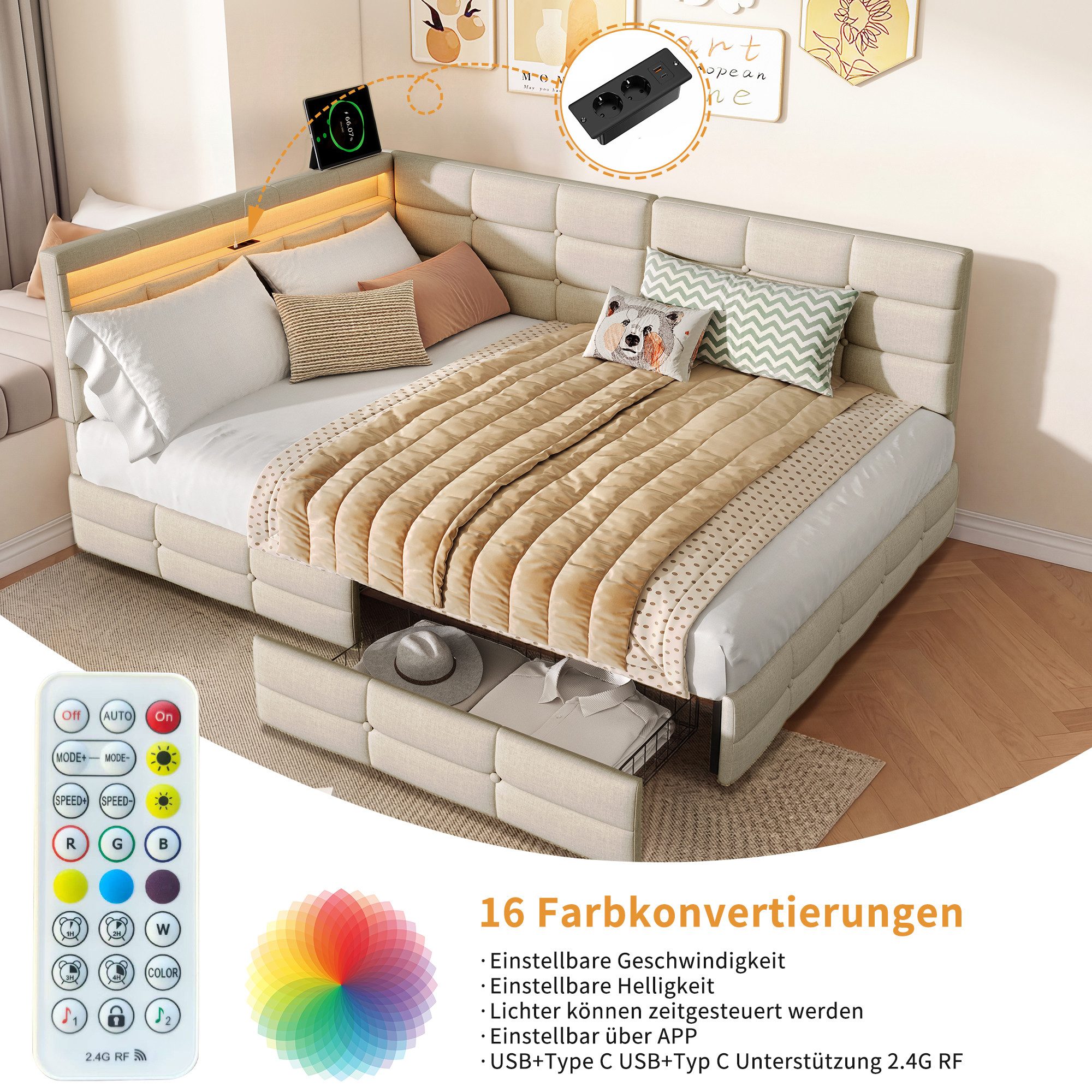 PXloue Polsterbett Daybett Tagesbett (Doppelbett,Kopfteil links oder rechts montierbar), Schlafsofa,2 Schubladen, Mit LED und USB-Ladeanschluss,140x200 cm