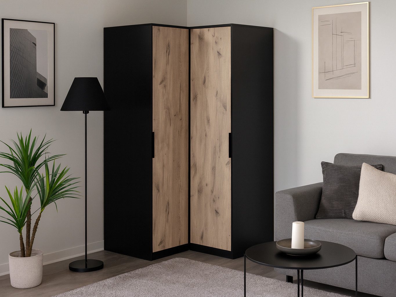 Beautysofa Eckschrank LIVO mit 2 Drehtüren, 2 Kleiderstangen und Regale, (Zur Auswahl in zwei modernen Farbkombinationen) Breite: 108 cm