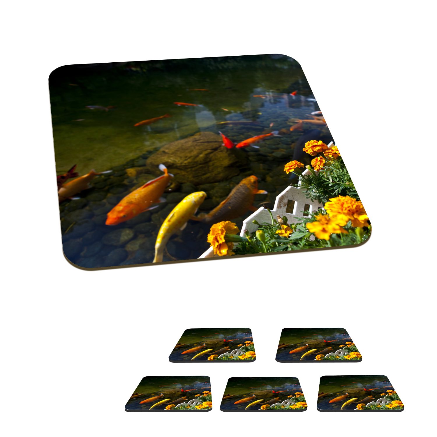 MuchoWow Glasuntersetzer Koi-Karpfen in einem Teich mit Blumen, Zubehör für Gläser, 6-tlg., Glasuntersetzer, Tischuntersetzer, Korkuntersetzer, Untersetzer, Tasse