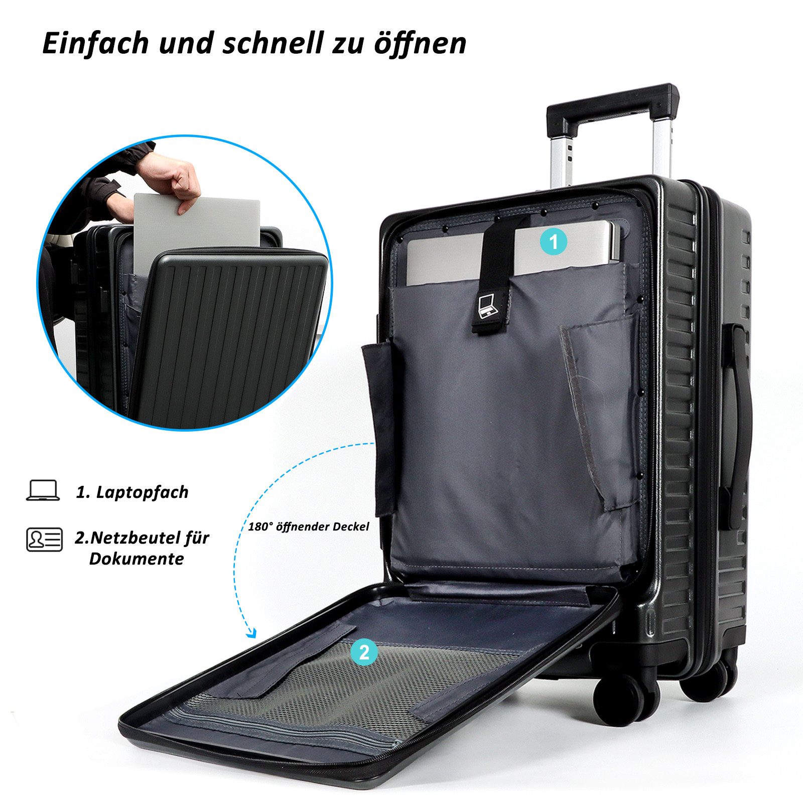 TAN.TOMI Business-Trolley Handgepäck mit Laptopfach & TSA-Schloss, 20”, Business Trolly, 4 Rollen, Reisekoffer Handgepäck Koffer, 55 cm, 36 L, Schwarz/Dunkelgrau