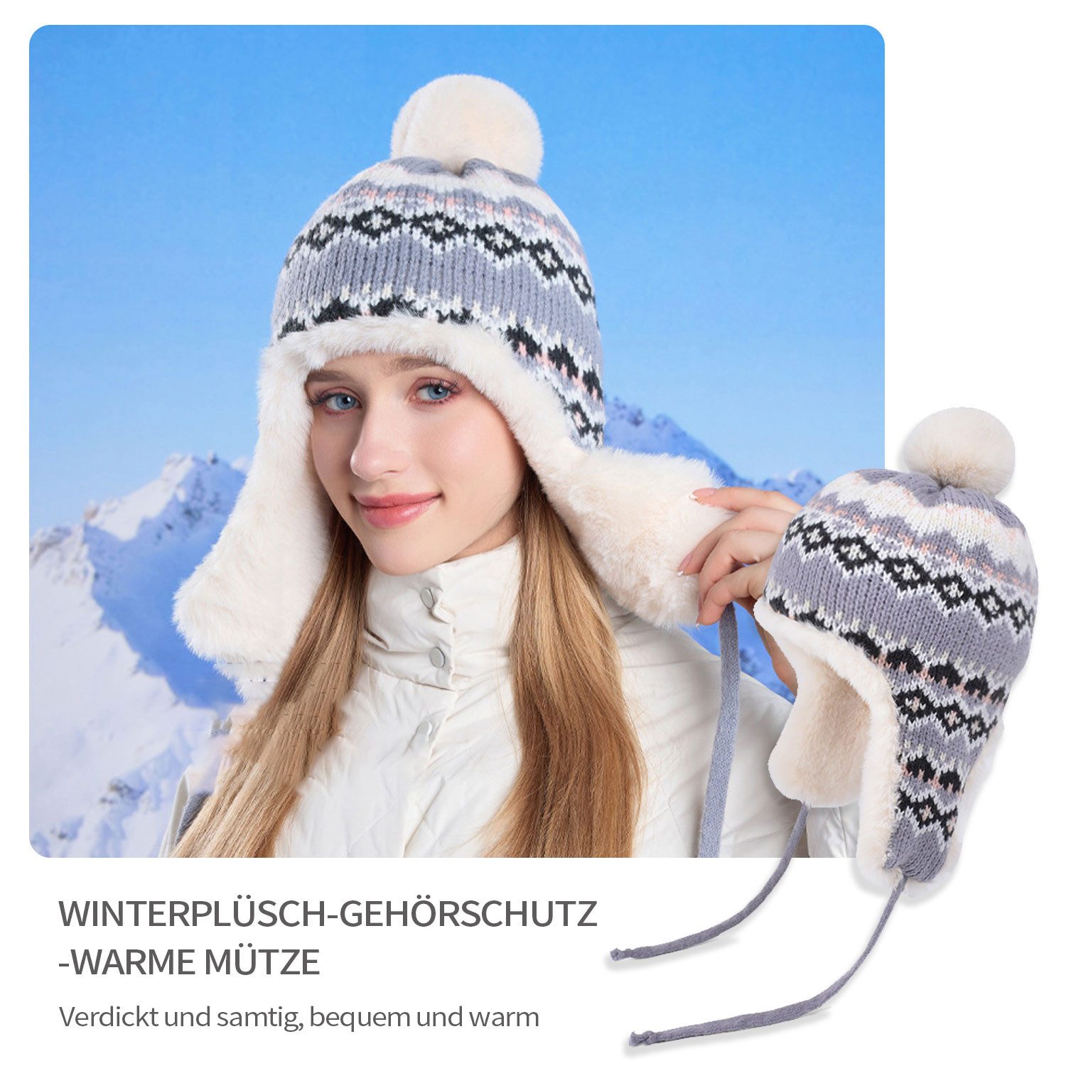 Refttenw Ohrenmütze Plüsch gestrickte Pullover Beanie,Ohrenschützer,Schnürd günstig online kaufen