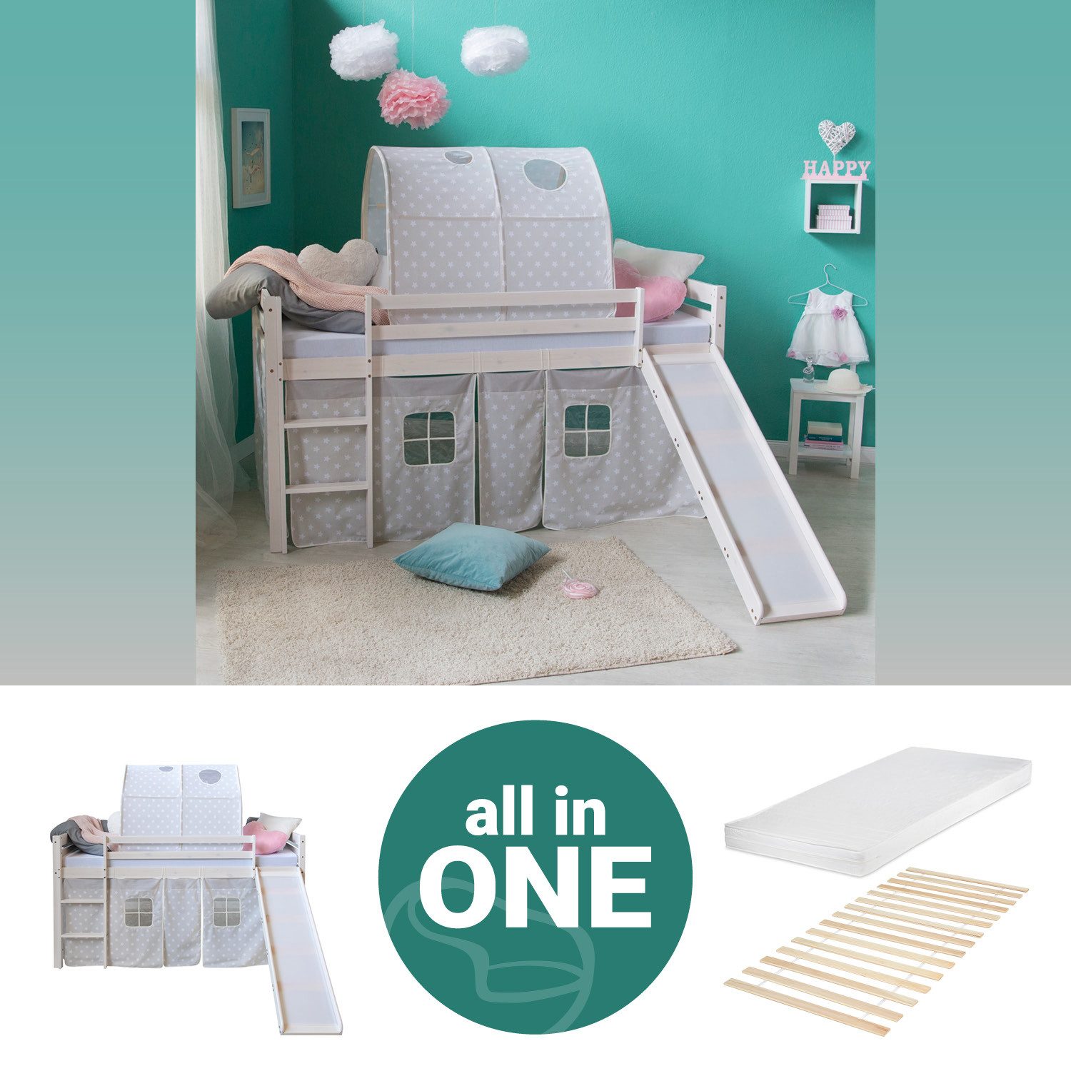 Homestyle4u Hochbett 90x200 Weiß mit Vorhang günstig online kaufen