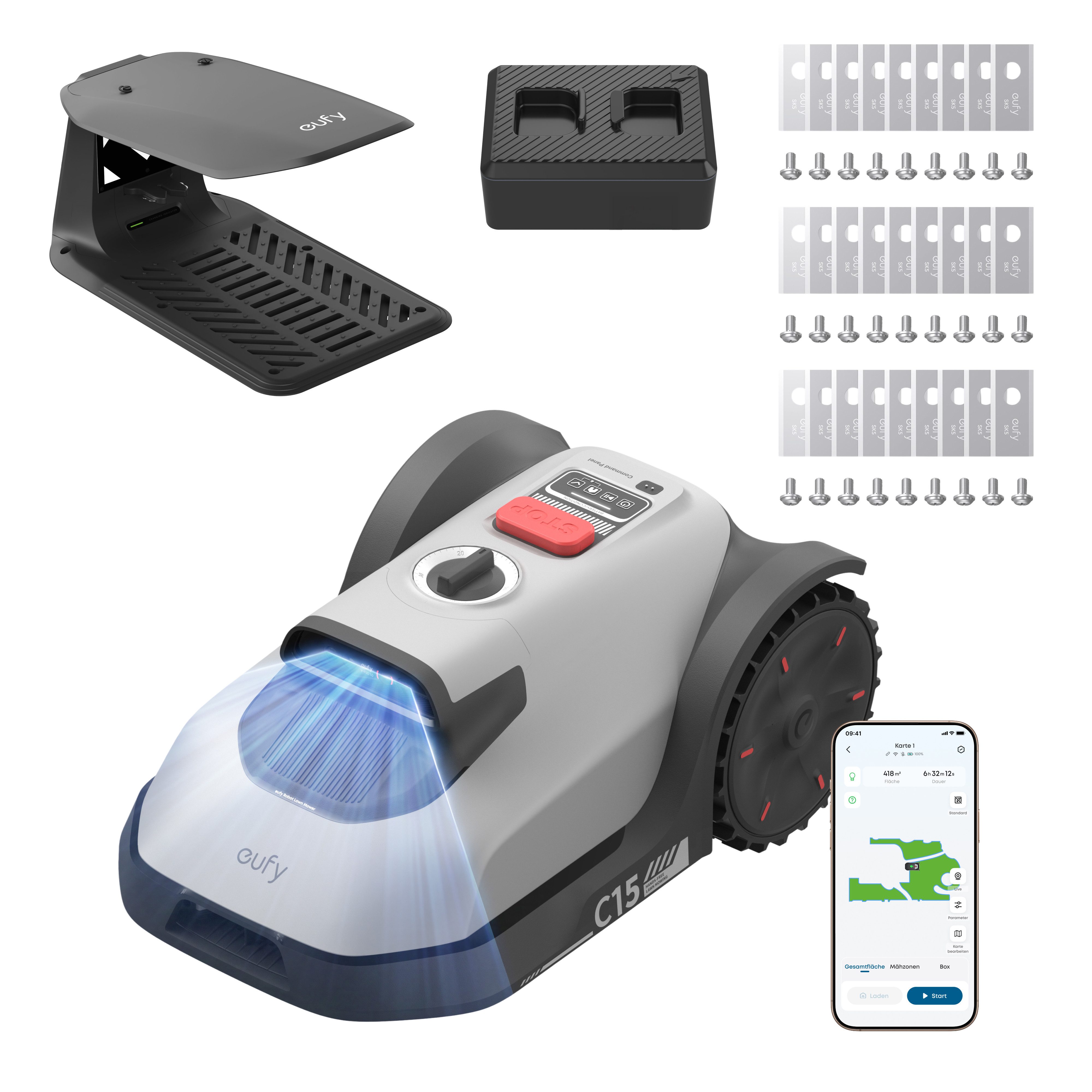Anker eufy Rasenmähroboter C15 ohne Begrenzungskabel, bis 500 m² Rasenfläche, (Packung), ohne RTK, Auto-Kartierung, intelligente Navigation, präzises Randmähen