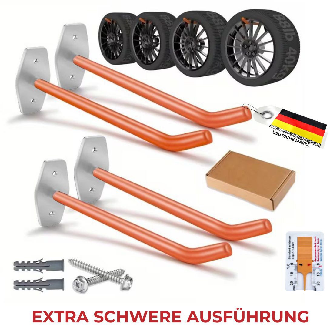 FAMEX Reifen-Wandhalterung 4x Wandhalter Reifenhalter Haken, (Felgenhalterung, 44kg Lastkraft, Felgenhalter, inkl. Profiltiefenmesser)