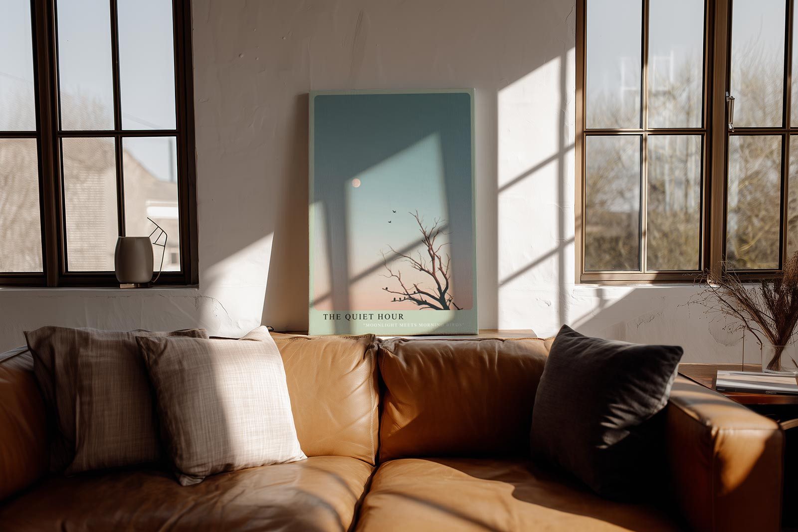 Sinus Art Leinwandbild Baum Vögel Mond Blau Rosa Minimalismus Ruhe Modern Design Wandbild