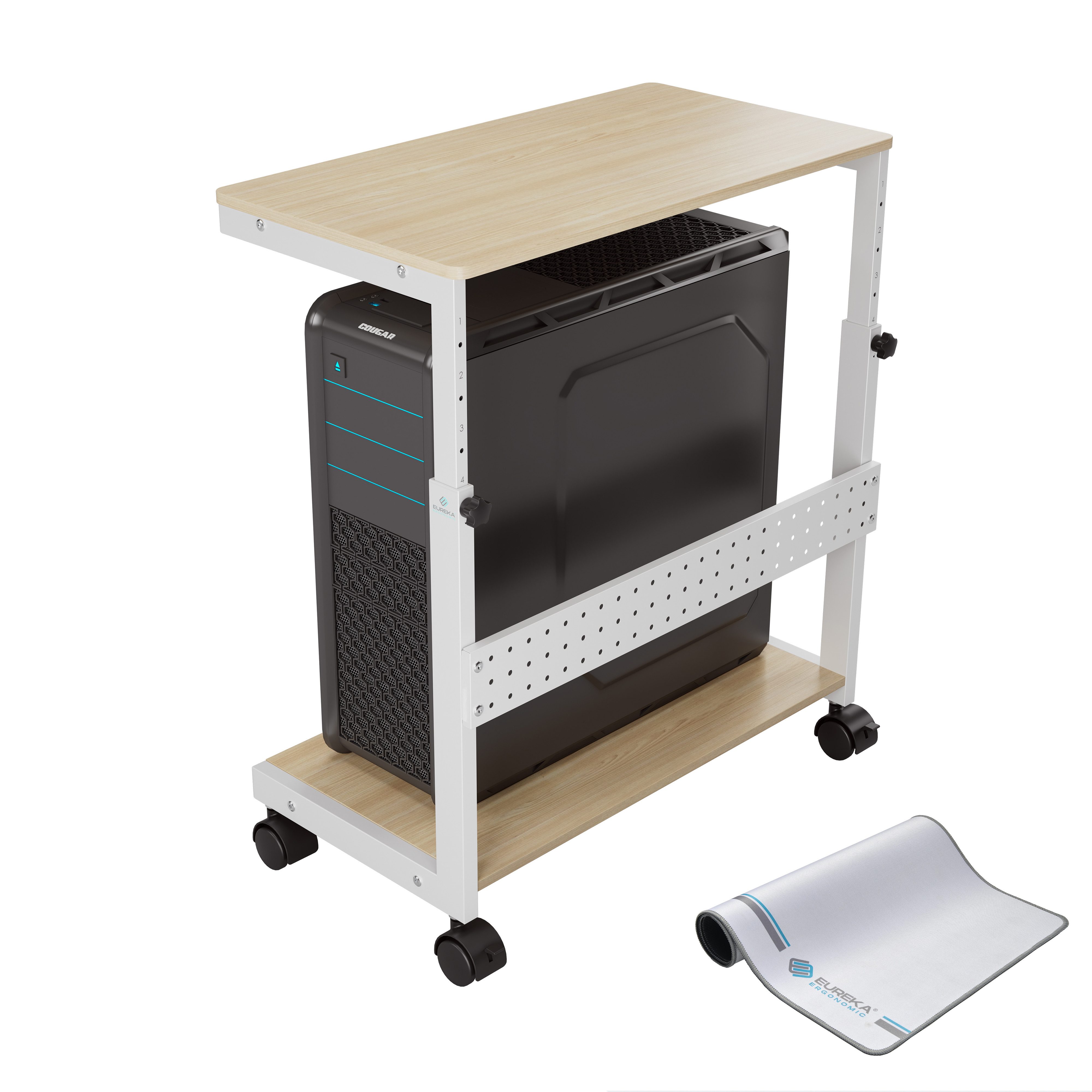 EE EUREKA ERGONOMIC Standhalterung 58,9–84,3 cm höhenverstellbar, PC-Tower-Ständer mit 2 Ebenen, mobil, (Lochplatte für Kabel, Stahlrahmen in Ahornoptik, bis maximal 45,4 kg)