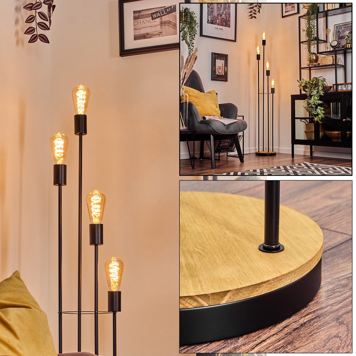 Stehlampe Stehlampe aus Metall/Holz in Schwarz/Holz hell mit Fußschalter
