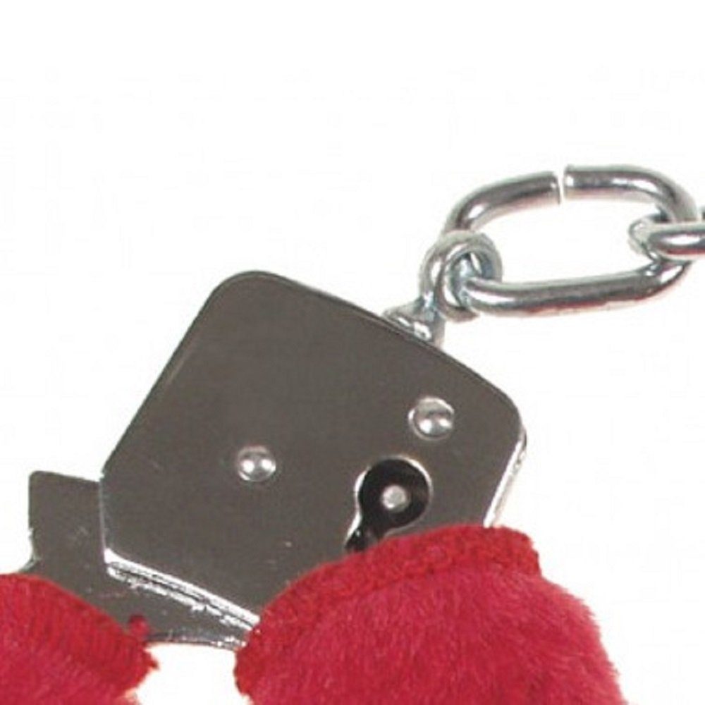 MFH Handschellen Packung, chrom, 2 Schlüssel, mit und Drehlager mit Handschellen, Fellüberzug Zwischenkette rot, in