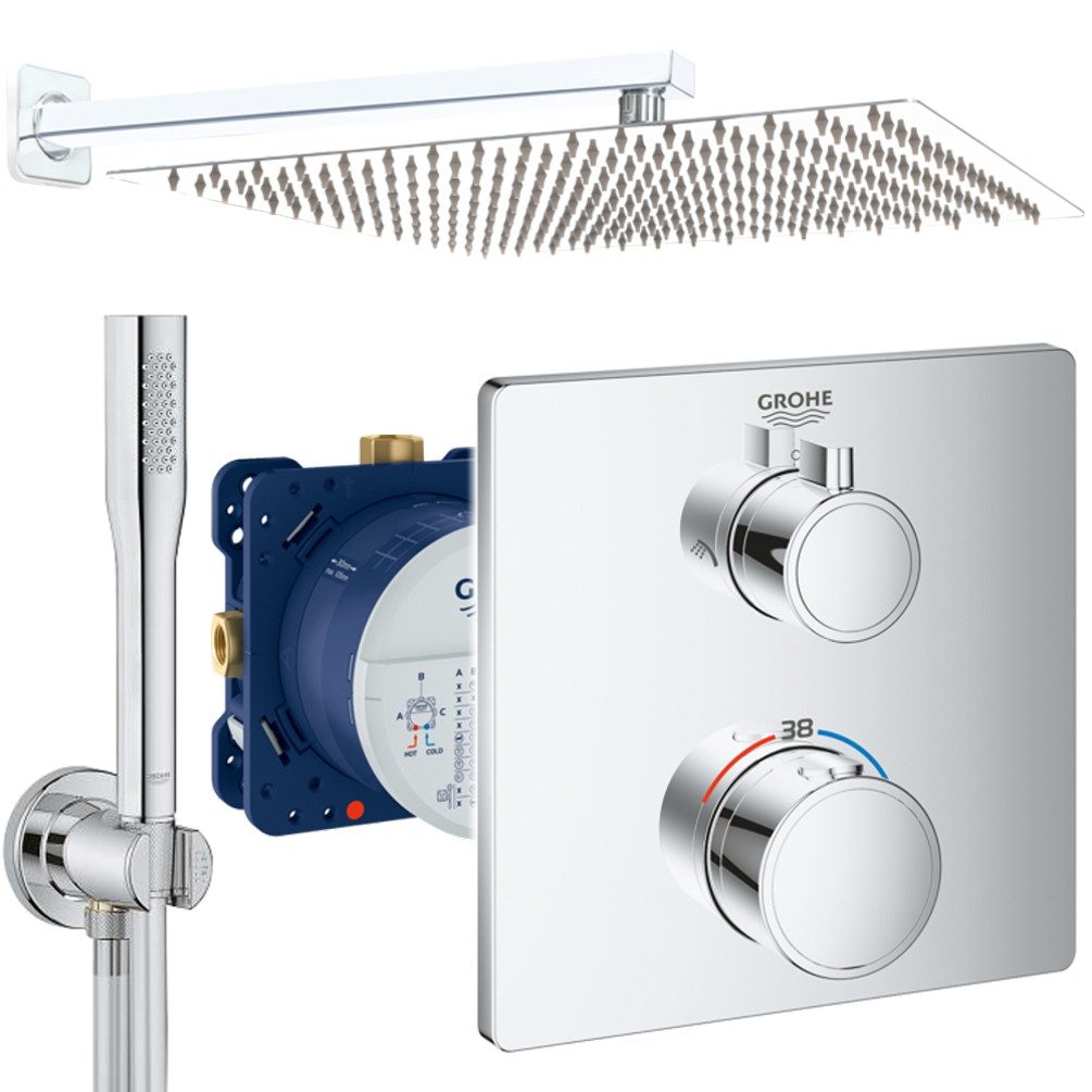 Grohe und Jowi Duscharmatur Regendusche Unterputz Grohtherm Thermostat, 360mm Kopfbrause (Set, Duschsystem, Komplettset, inkl. Unterputz-Einbaukörper) Edelstahl-Kopfbrause, Wandbrausehalter integr. Wandanschlussbogen