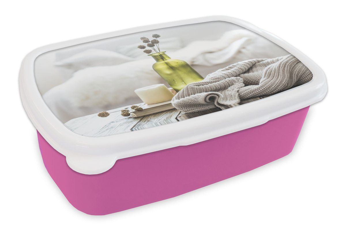 MuchoWow Lunchbox Dekoration - Pullover - Stilleben, Kunststoff, (2-tlg), Brotbox für Erwachsene, Brotdose Kinder, Snackbox, Mädchen, Kunststoff rosa
